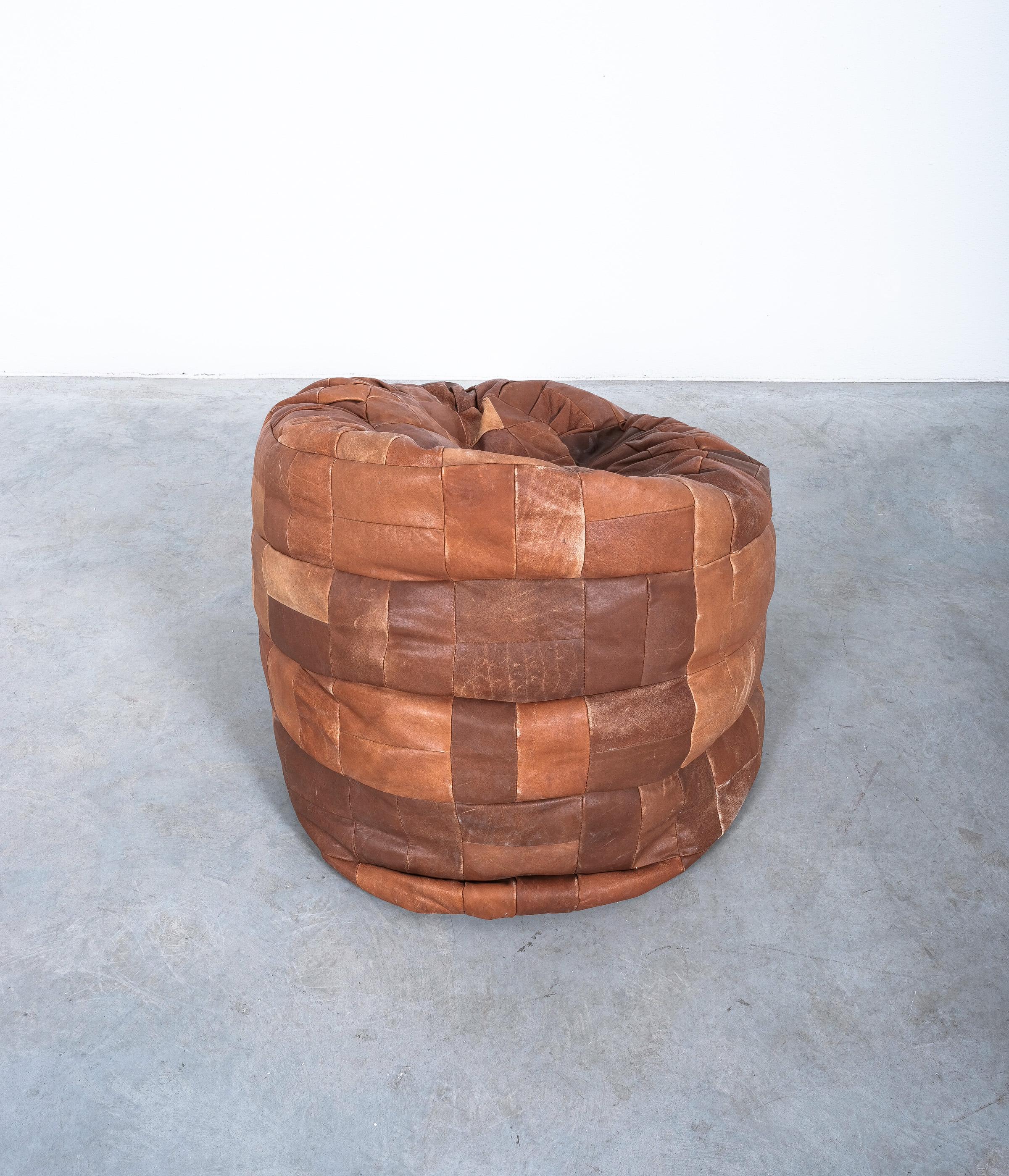 Swiss Brown Leather Patchwork Bean Bag or Pouf, 1970 For Sale