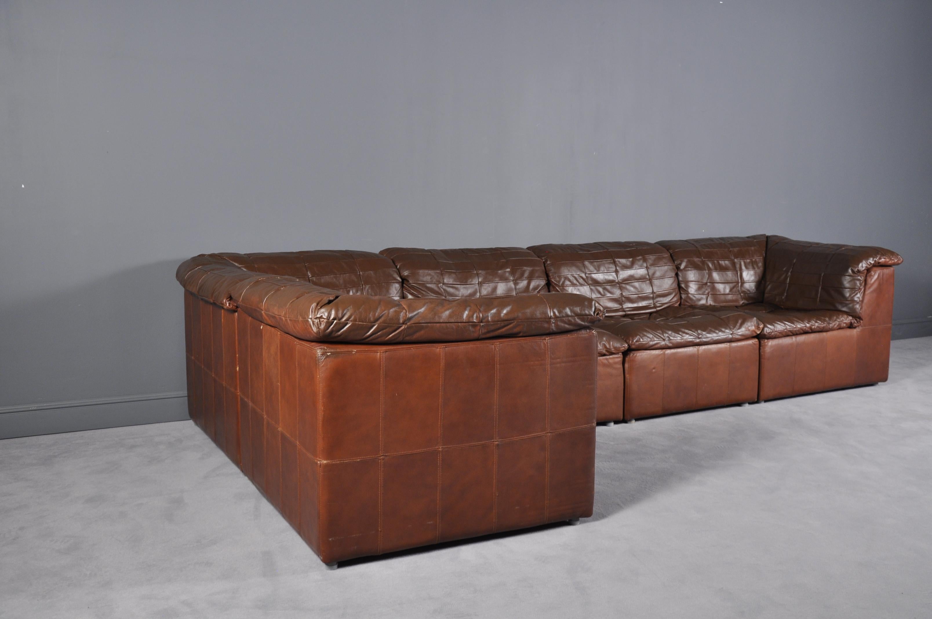 Modulares Sofa aus der Mitte des Jahrhunderts mit braunem Leder-Patchwork von Lausser, Deutschland, 1970er Jahre.