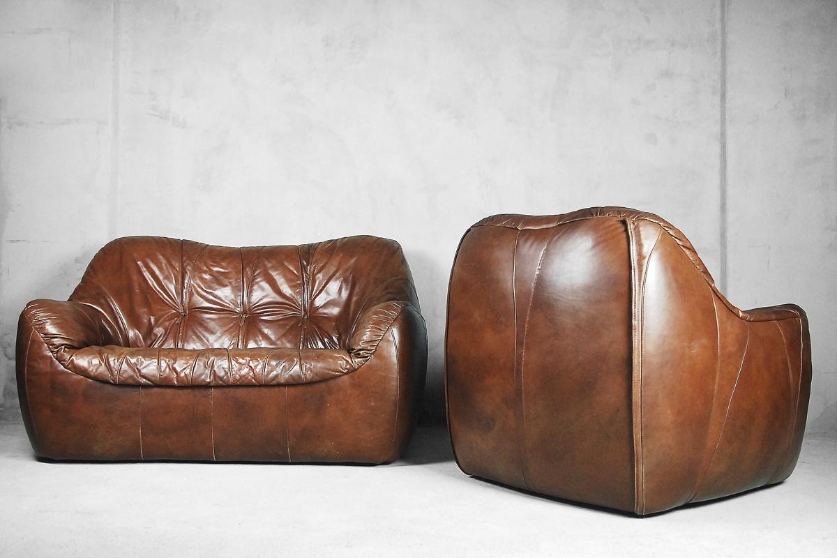 Brown Leather Patchwork Round Dutch Loveseat Sofa, 1970s 9