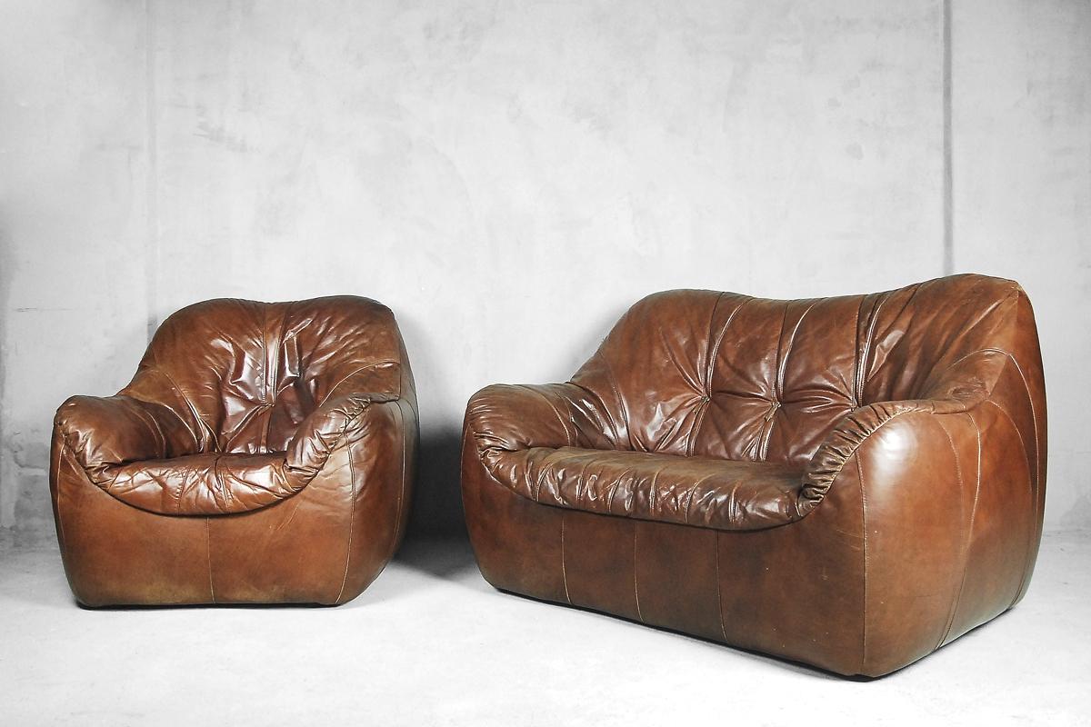Brown Leather Patchwork Round Dutch Loveseat Sofa, 1970s 10
