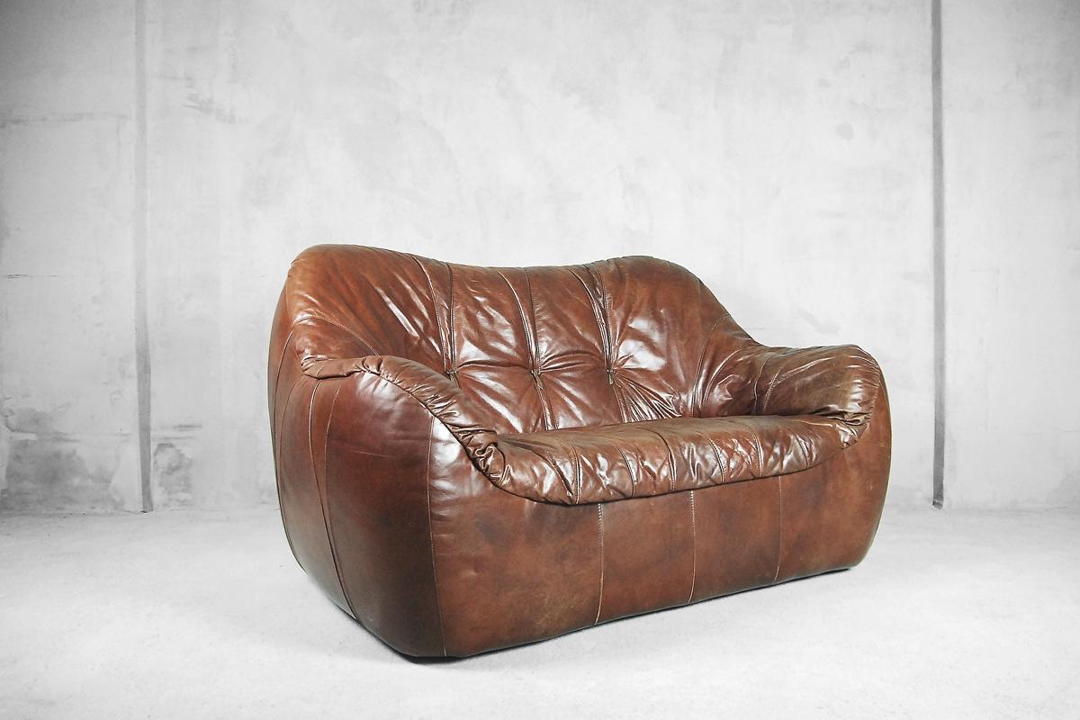 Brown Leather Patchwork Round Dutch Loveseat Sofa, 1970s 2