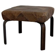 Brown Leather Patchwork Square Ottoman Danish Mid-Century Modern 1970s