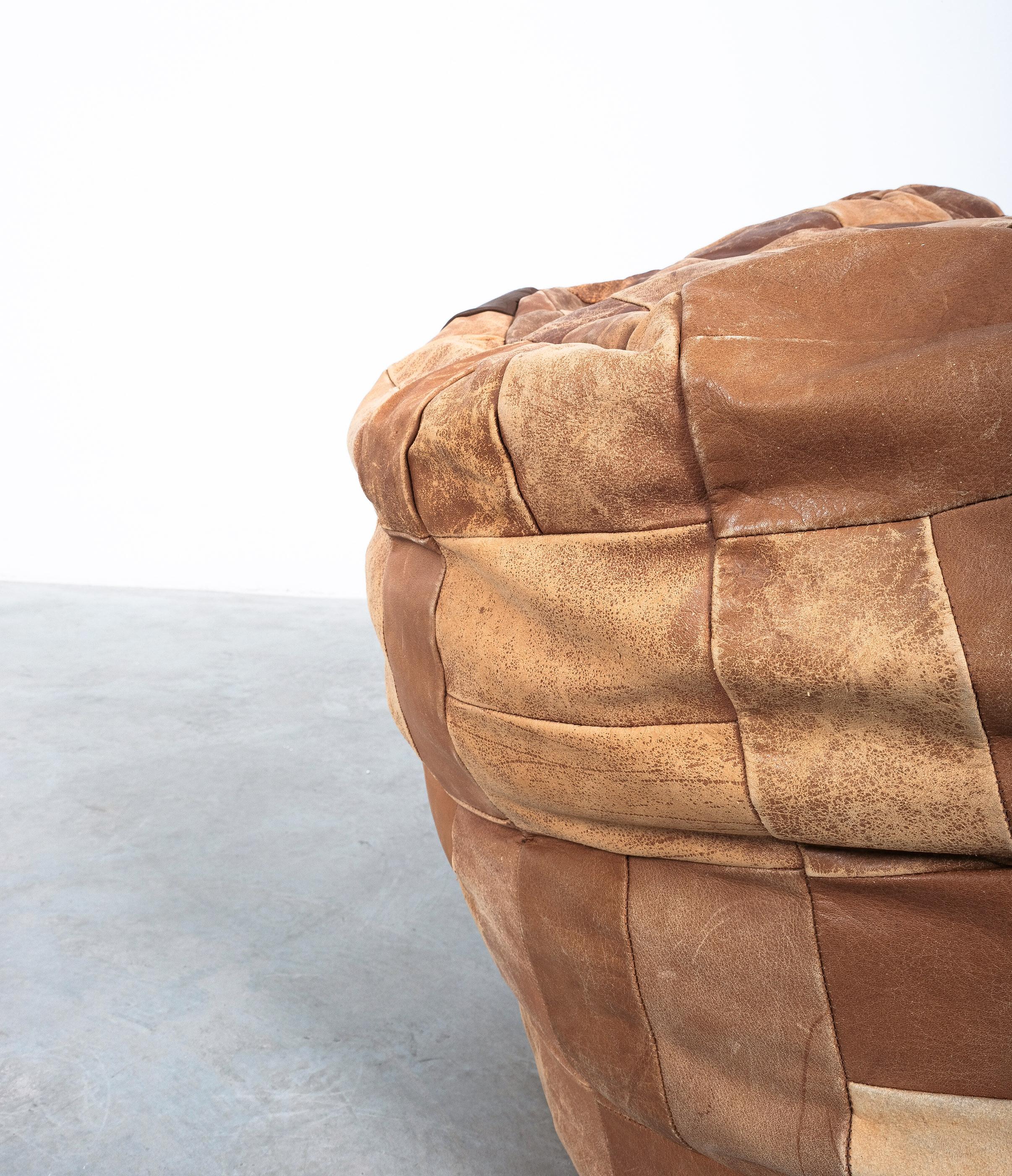 Swiss Brown Leather Patina Patchwork Bean Bag or Pouf, Attr. De Sede 1970 For Sale