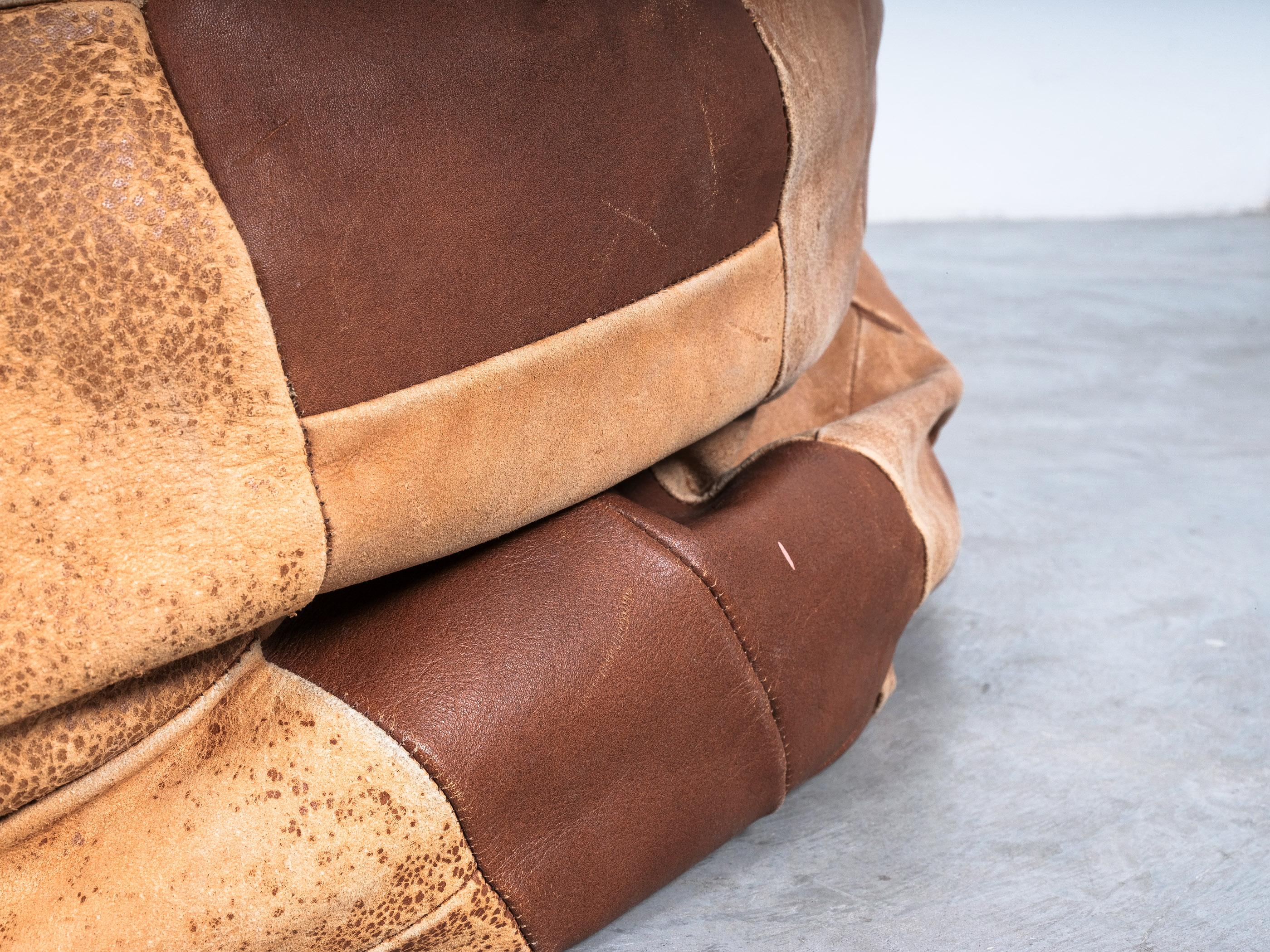 Brown Leather Patina Patchwork Bean Bag or Pouf, Attr. De Sede 1970 In Fair Condition For Sale In Vienna, AT