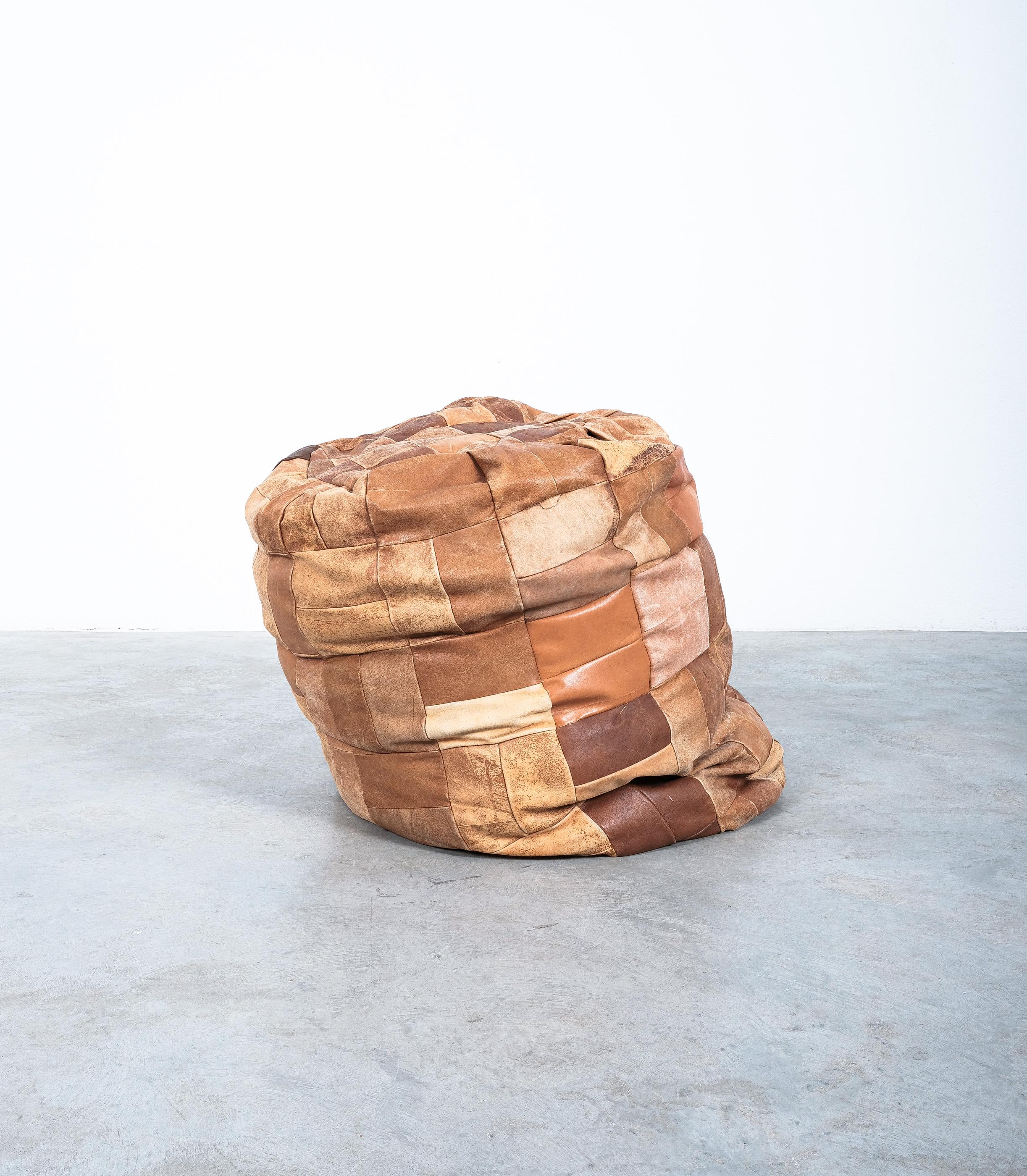 Late 20th Century Brown Leather Patina Patchwork Bean Bag or Pouf, Attr. De Sede 1970 For Sale