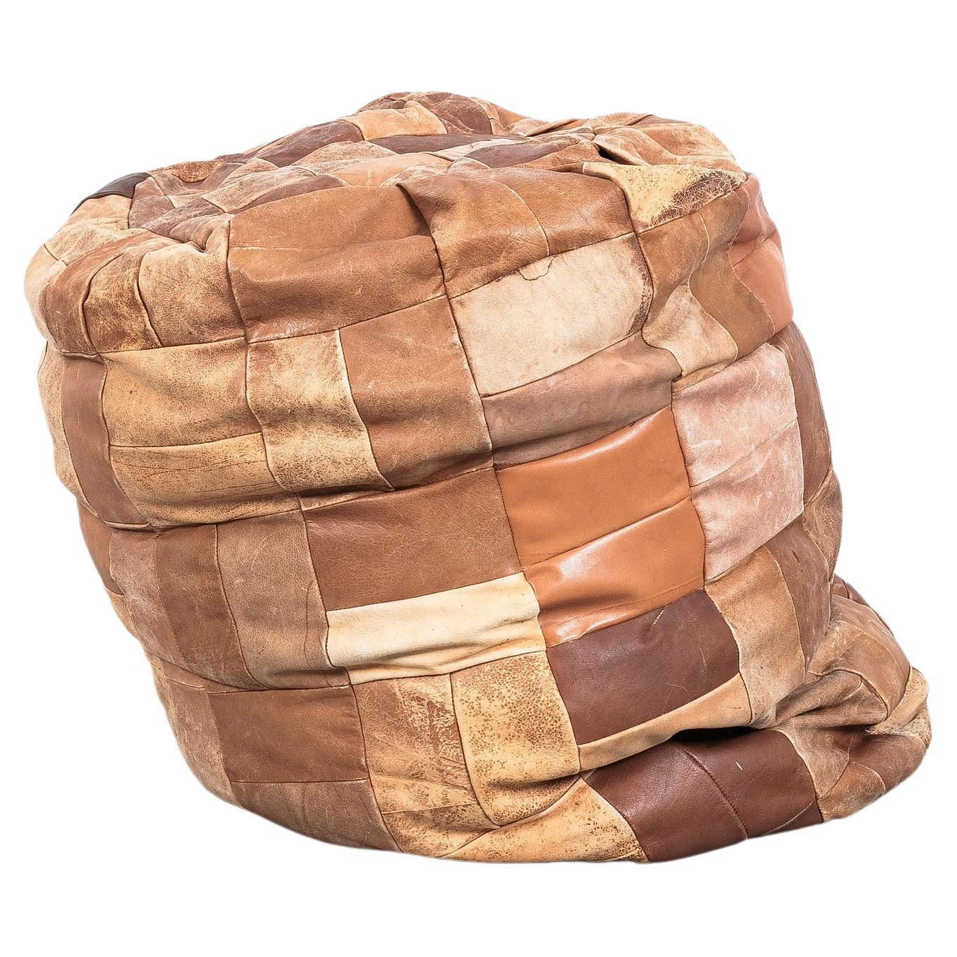 Brown Leather Patina Patchwork Bean Bag or Pouf, Attr. De Sede 1970 For Sale