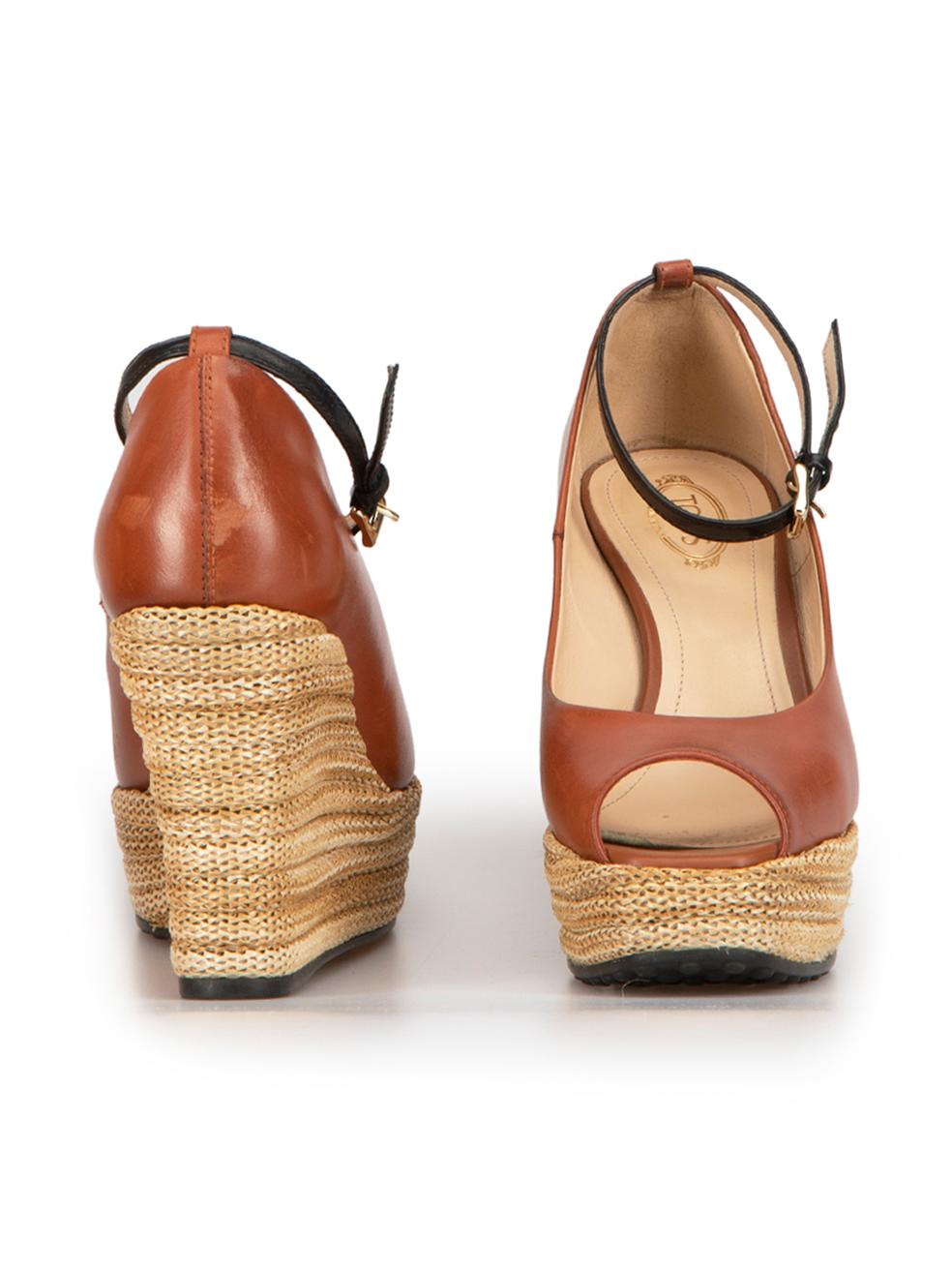 Brown Leather Peep-Toe Espadrille Wedges Size IT 36.5 In Good Condition For Sale In London, GB