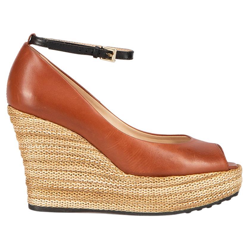 Brown Leather Peep-Toe Espadrille Wedges Size IT 36.5 For Sale
