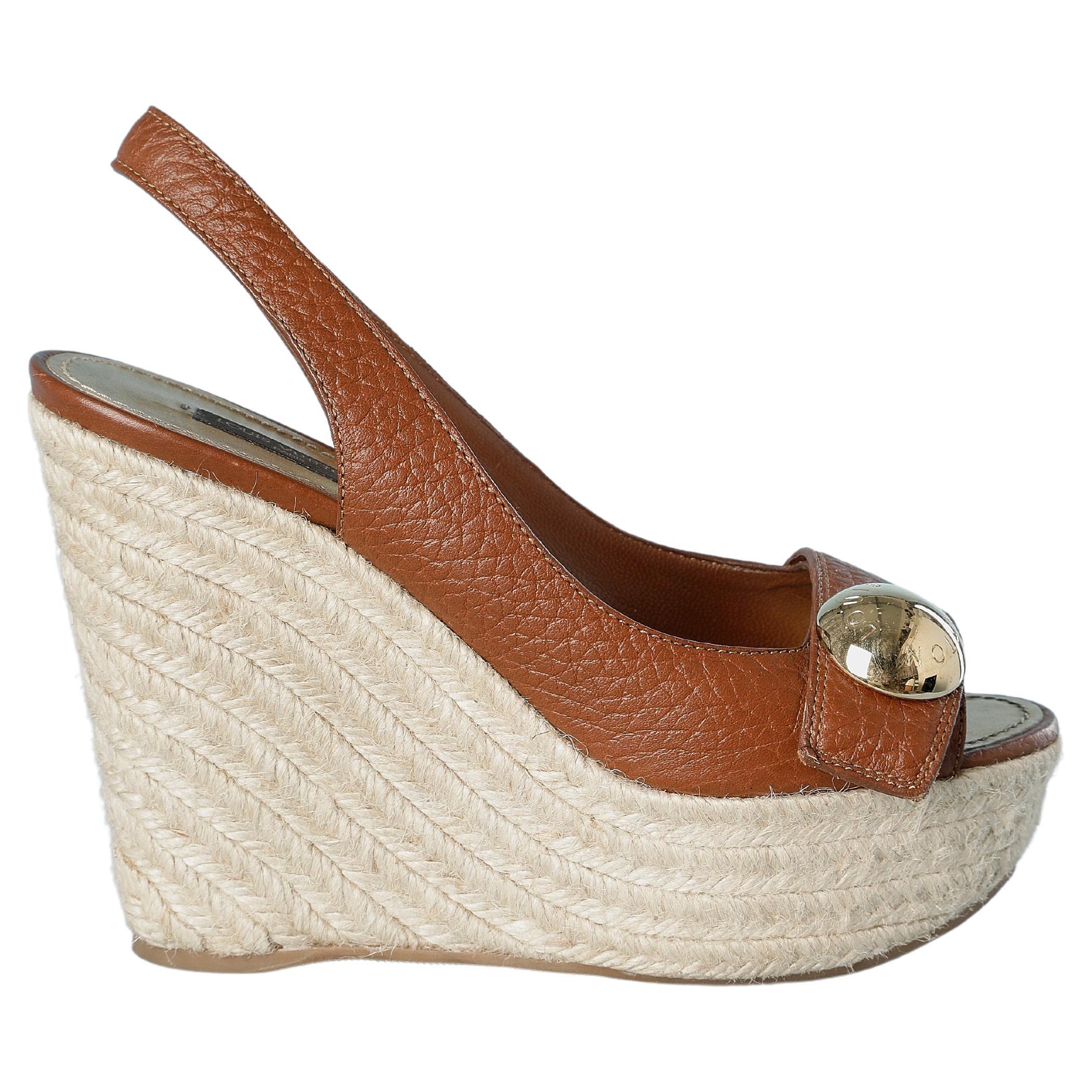 Louis Vuitton White Canvas & Brown Patent Leather Bow Espadrille Wedge  Sandals