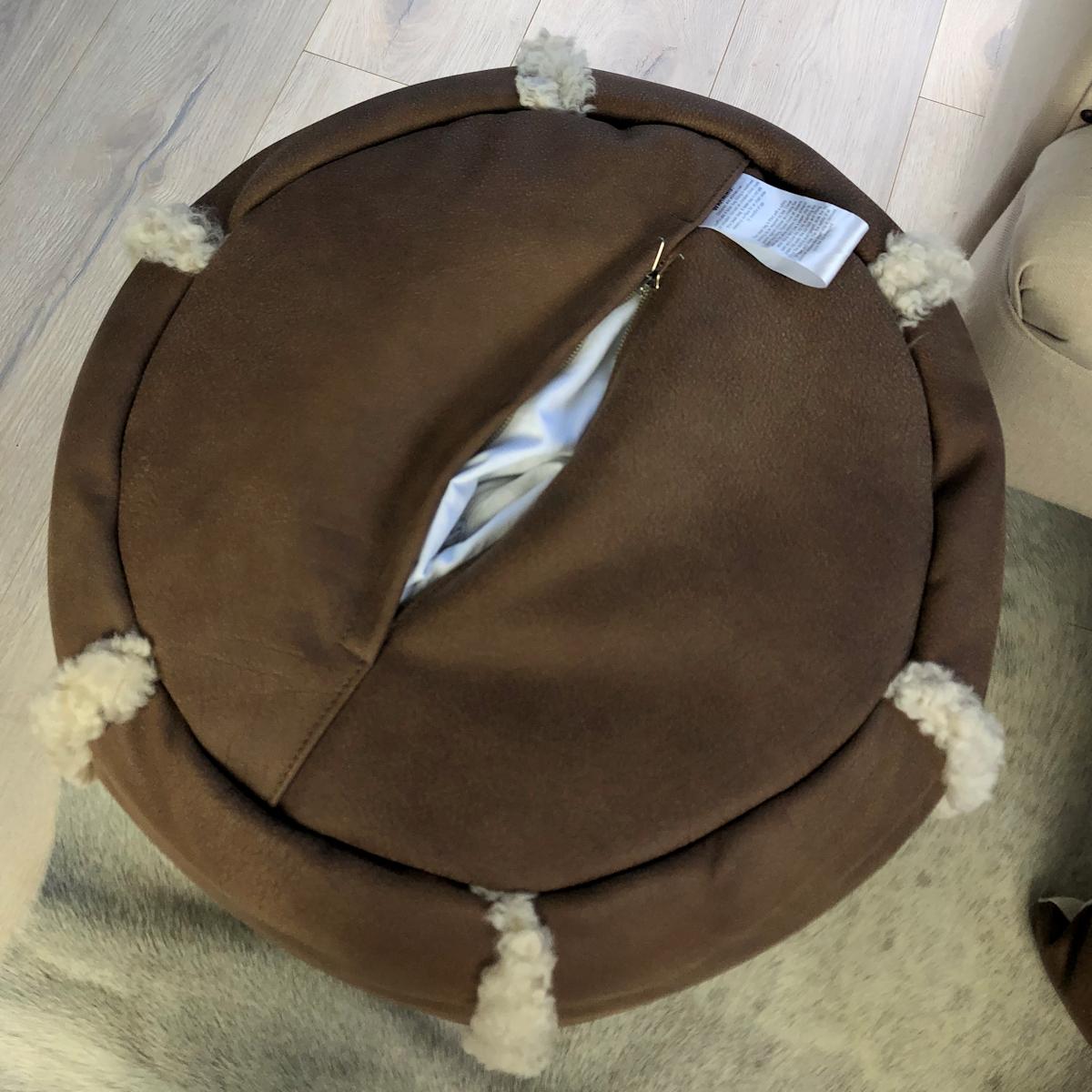 Industrial Brown Leather Pouf with Sheepskin Shearling Foot Stool For Sale