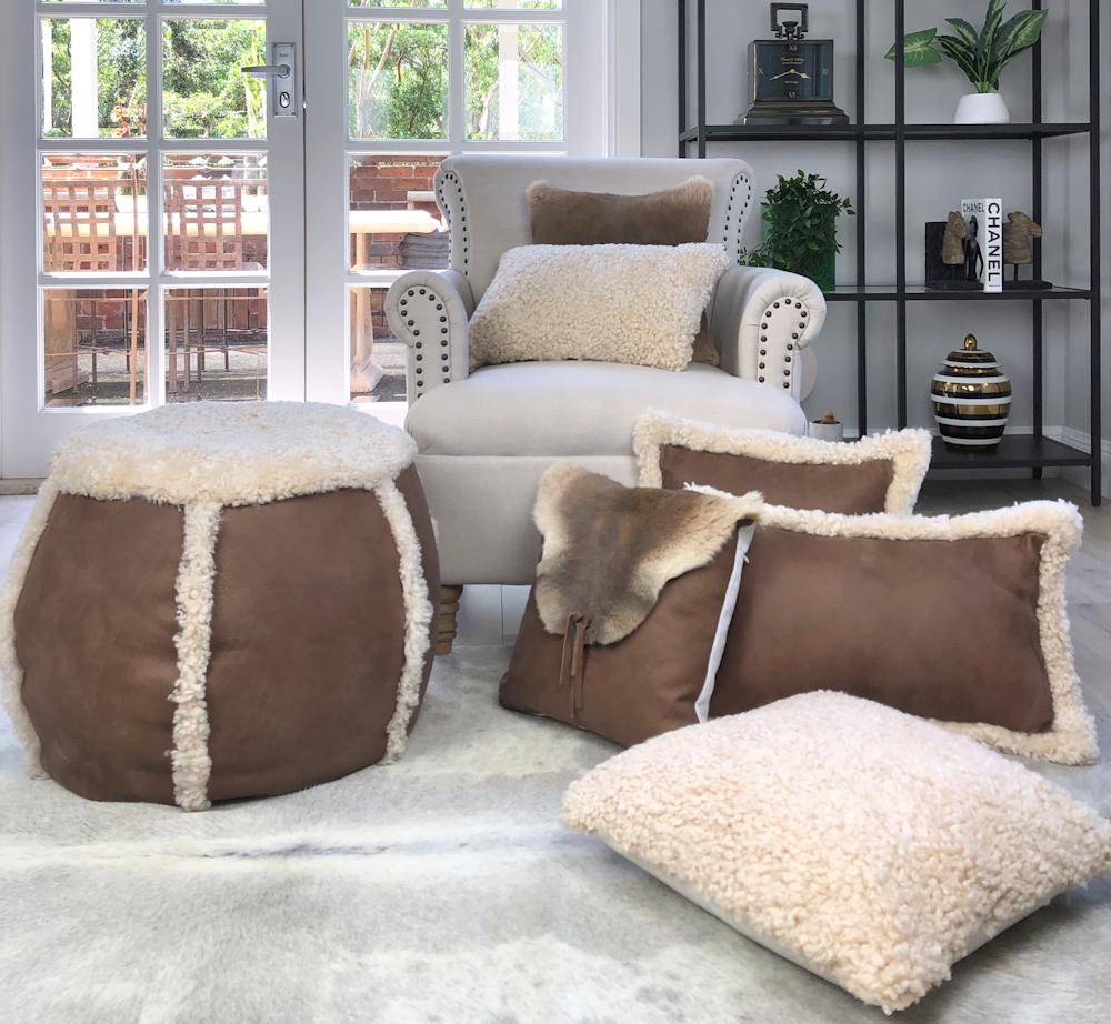 Australian Brown Leather Pouf with Sheepskin Shearling Foot Stool For Sale