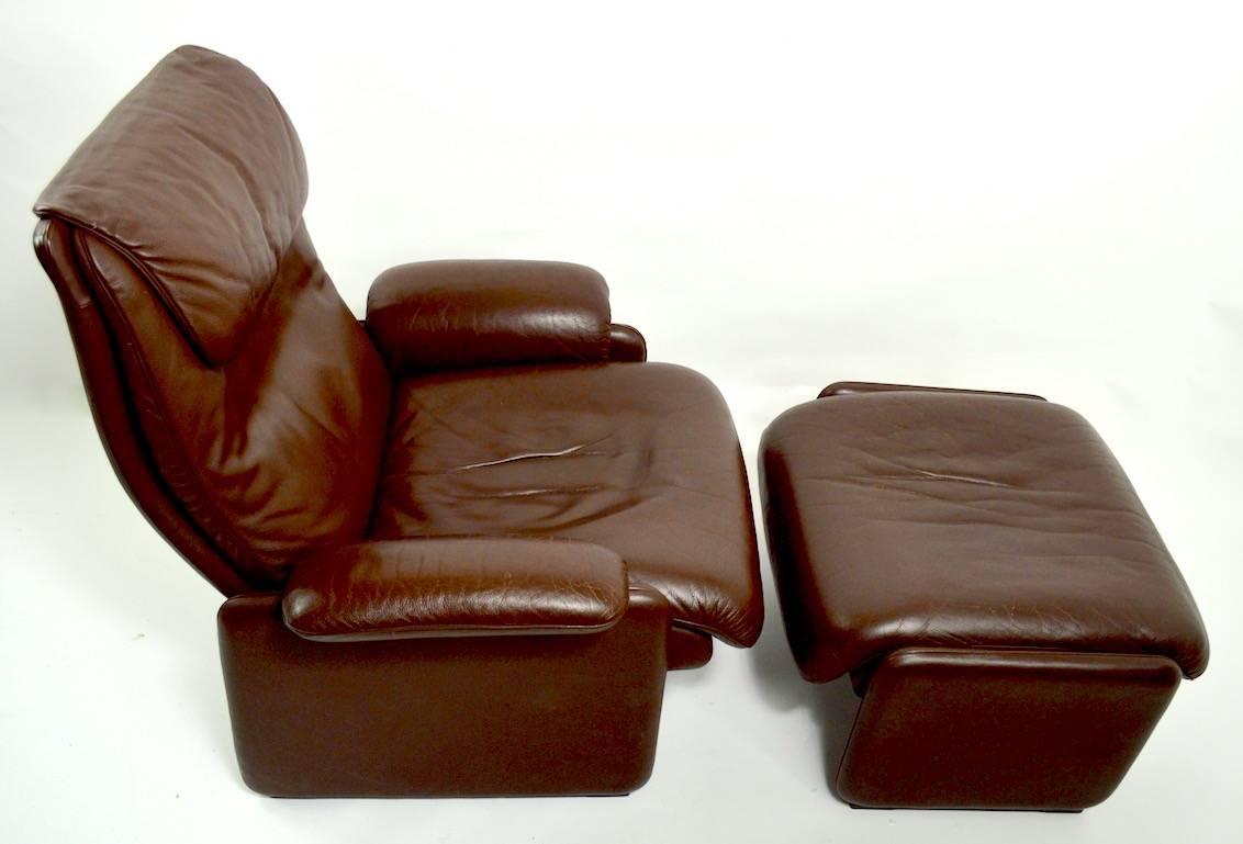 Scandinavian Modern Brown Leather Reclining Lounge Chair and Ottoman by De Sede