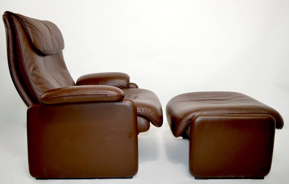 Brown Leather Reclining Lounge Chair and Ottoman by De Sede In Excellent Condition In New York, NY