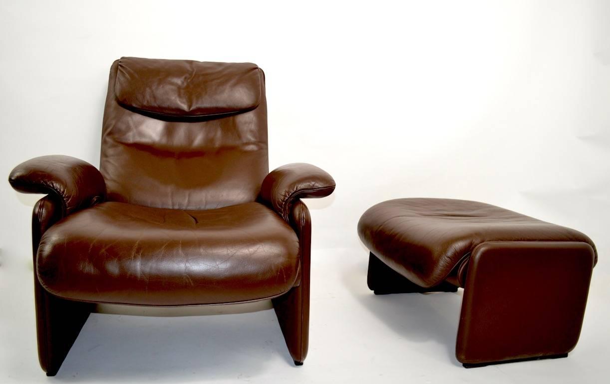 Brown Leather Reclining Lounge Chair and Ottoman by De Sede 1