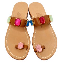 Brown Leather Sandals With Colorful Faux Gemstone Accents