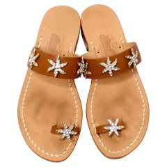 Brown Leather Sandals With Rhinestone Embellished Starfish Accents