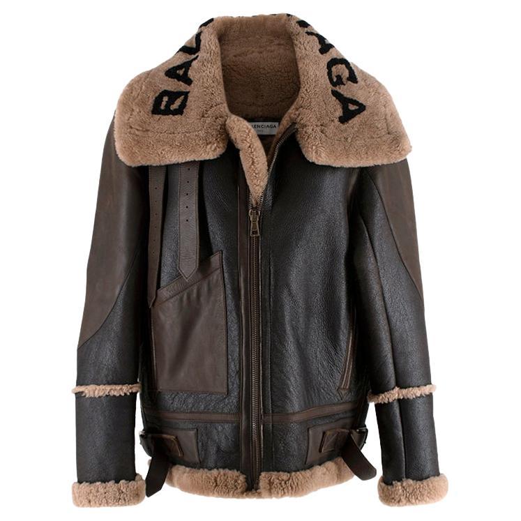 Brown Leather & Shearling Logo Aviator Jacket For Sale
