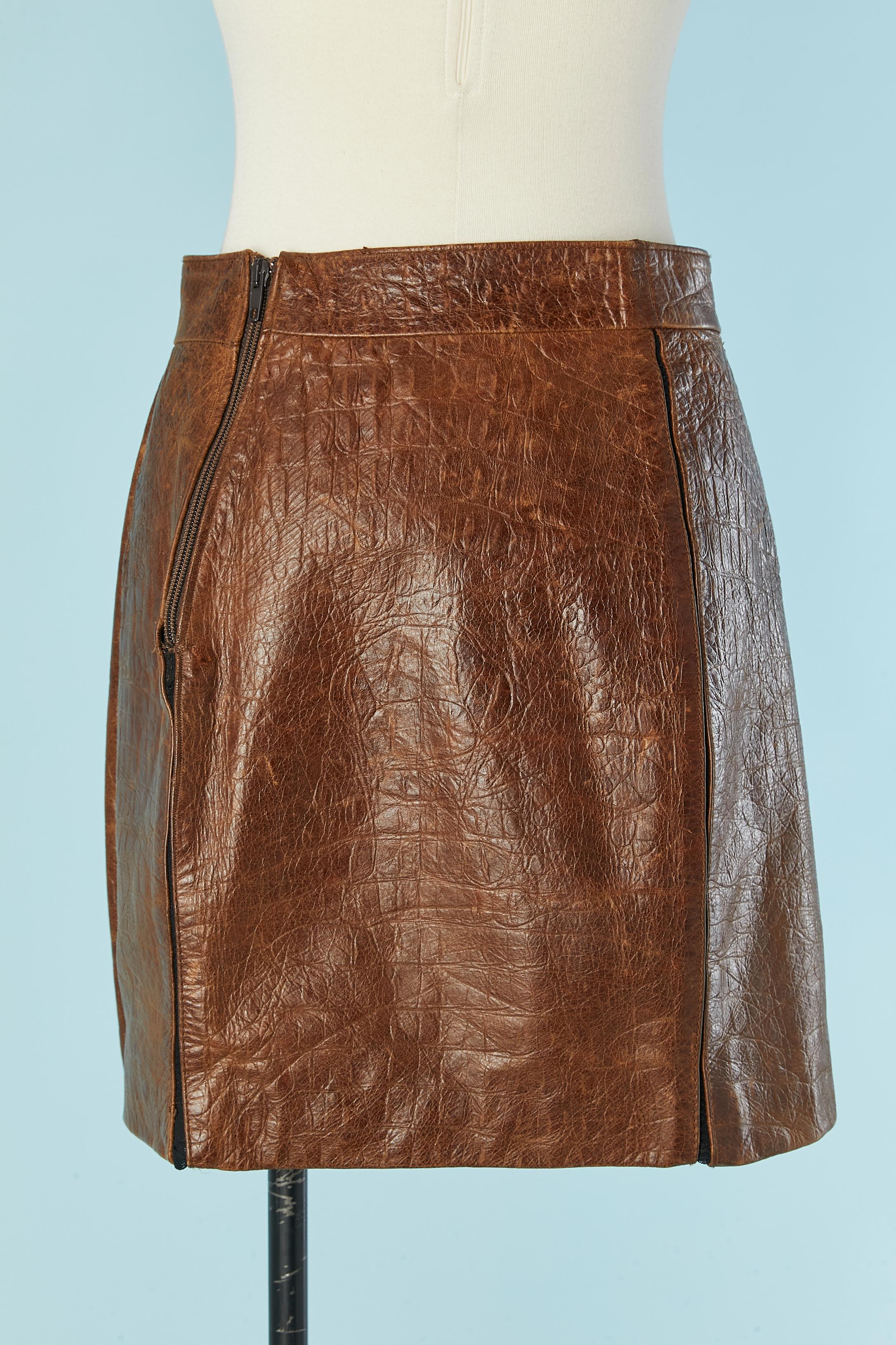 Jupe en cuir Brown avec motif et empiècement en tulle stretch Roberto Cavalli Excellent état - En vente à Saint-Ouen-Sur-Seine, FR