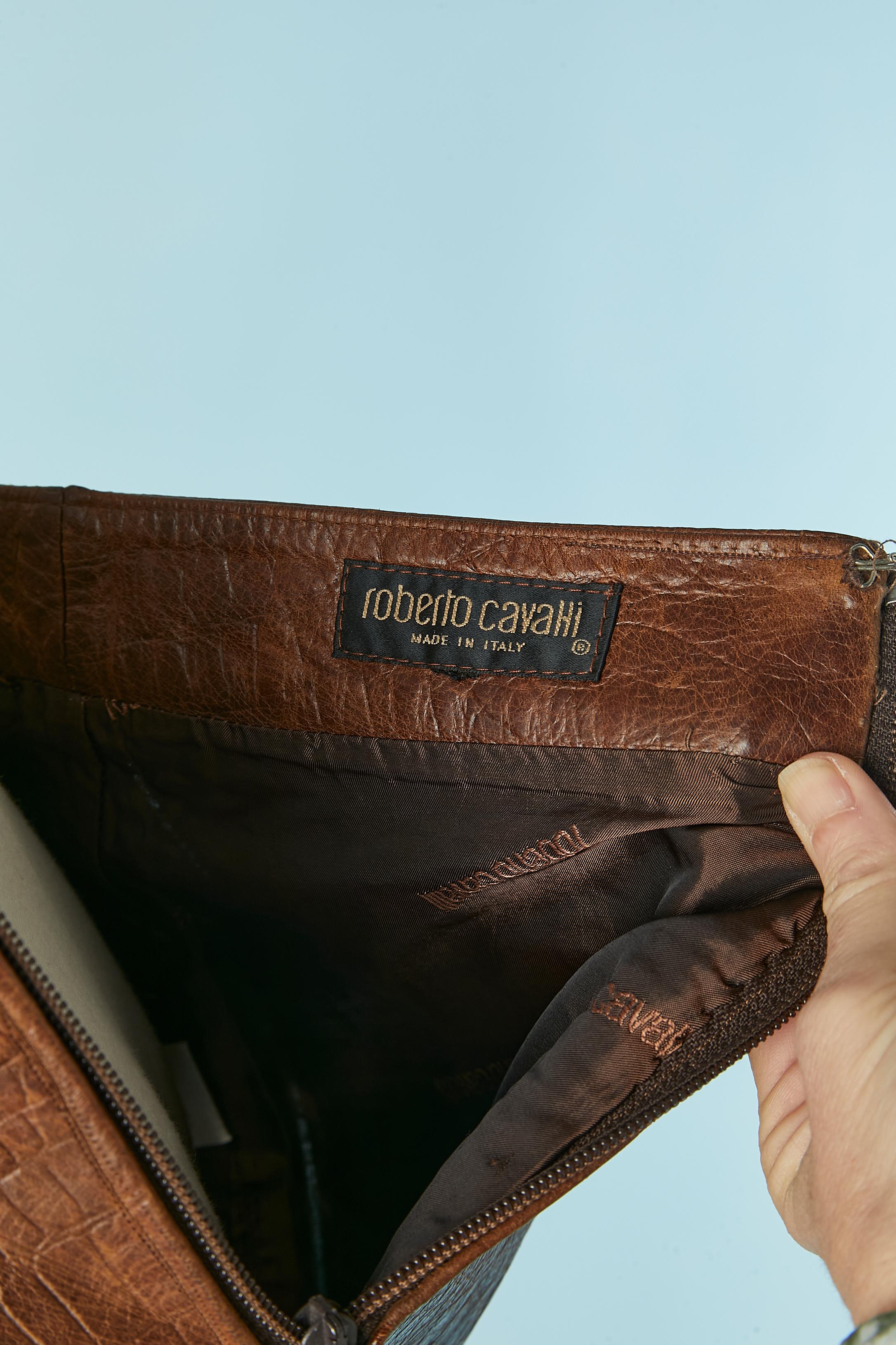 Jupe en cuir Brown avec motif et empiècement en tulle stretch Roberto Cavalli Pour femmes en vente