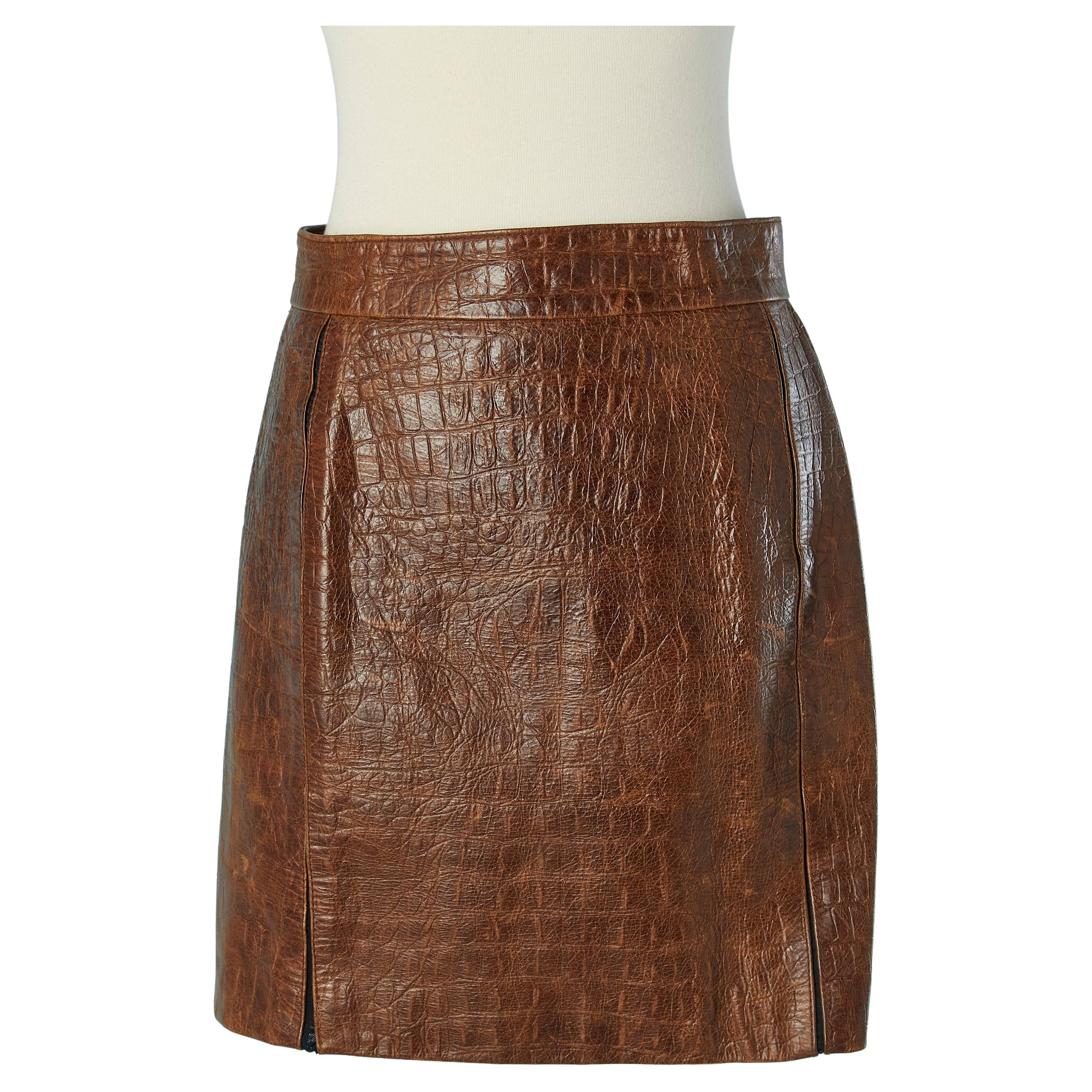 Jupe en cuir Brown avec motif et empiècement en tulle stretch Roberto Cavalli en vente
