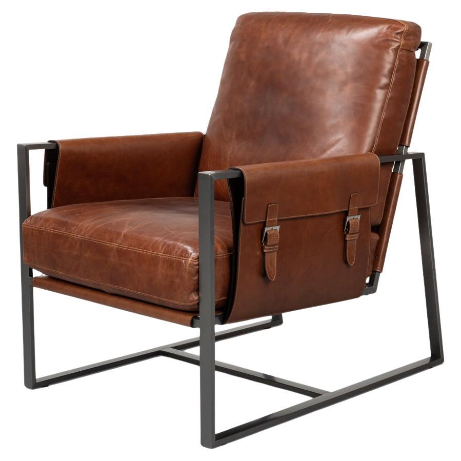 Brown Leather Sling Accent Chair