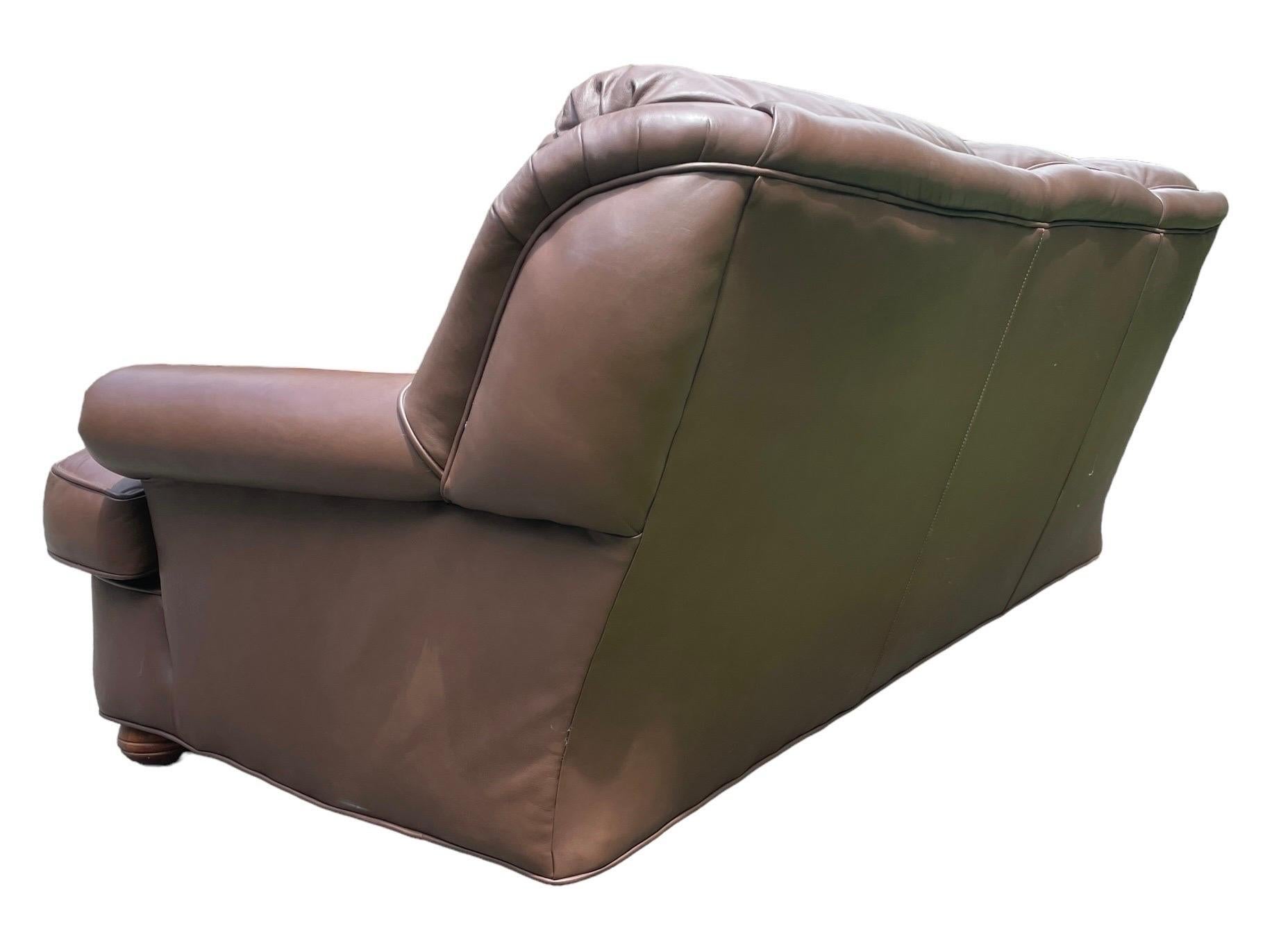 Mid-Century Modern Brown Leather Sofa Couch Vintage Chocolate Leather 3 Person Sofa For Sale