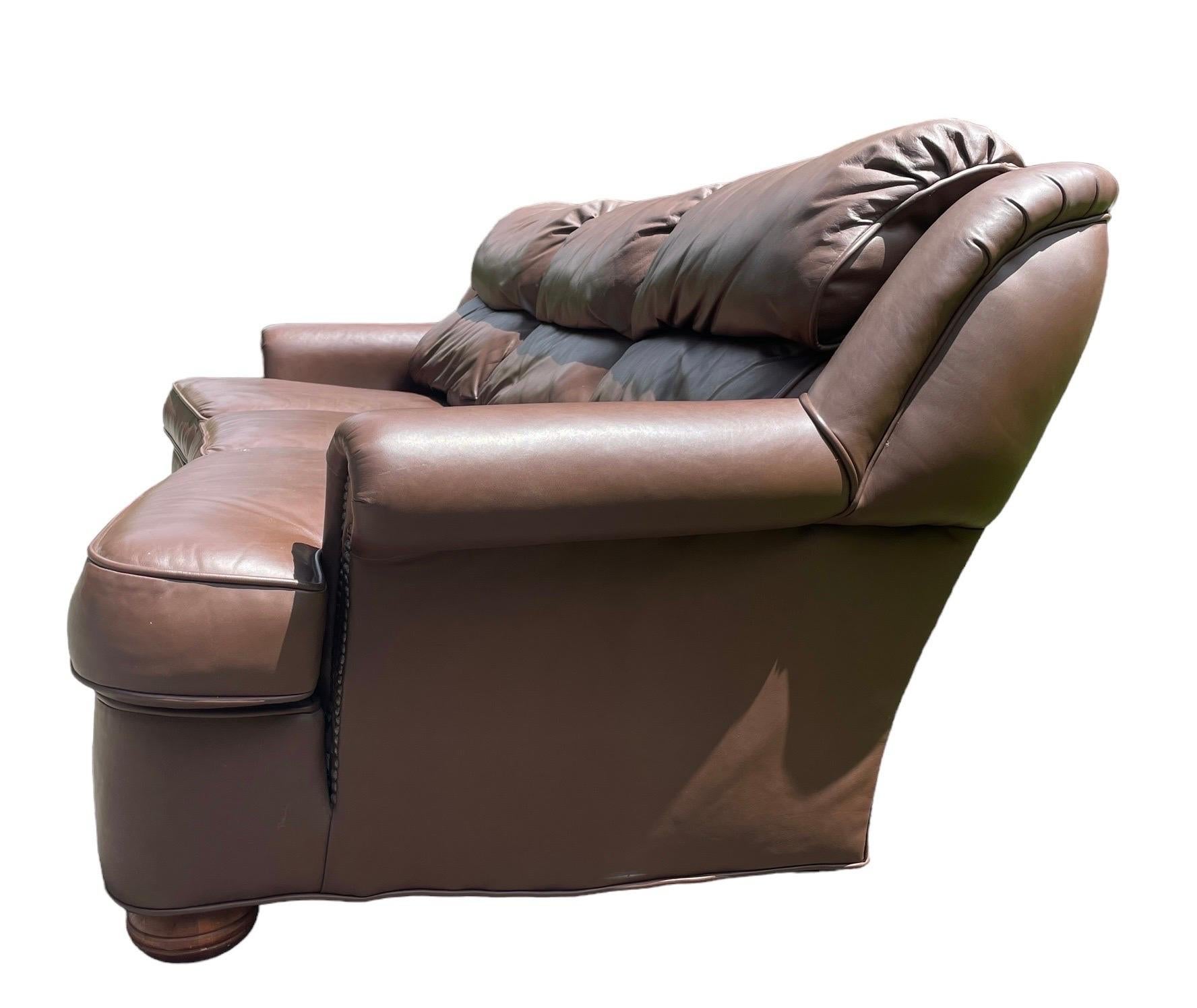 20th Century Brown Leather Sofa Couch Vintage Chocolate Leather 3 Person Sofa For Sale