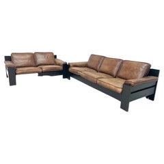 Vintage Brown Leather Sofa Set Leolux in Black Lacquered