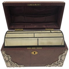 Antique Brown Leather Stationary Box with Silver Decoration by Commyns, London
