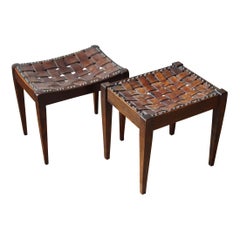 Brown Leather Strap Top Pair of Stools by Simpson and Kendal, England, 1920s