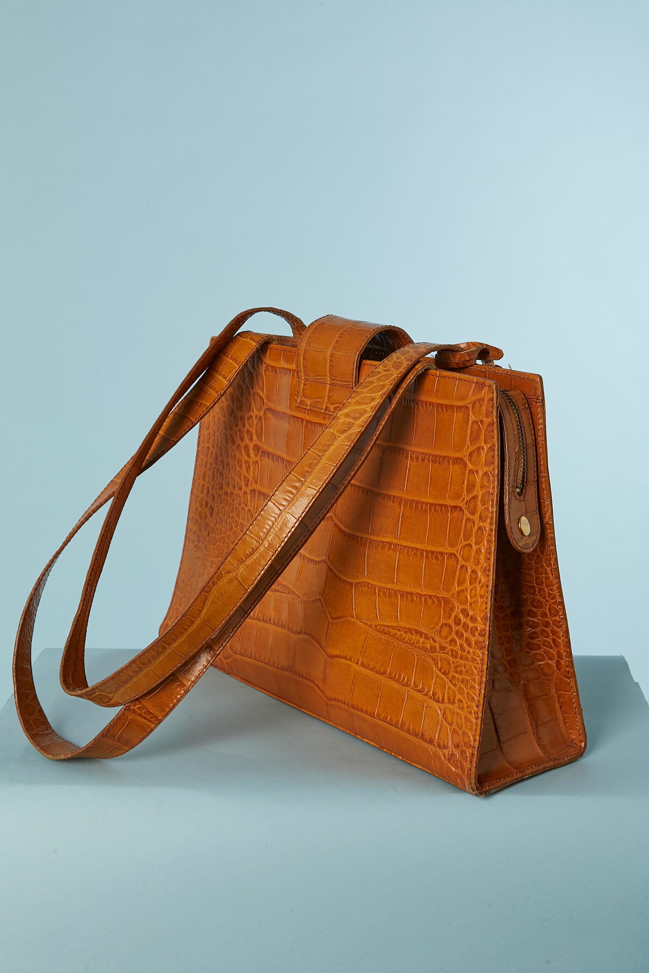 Brown leather structured shoulder bag with crocodile pattern Sonia Rykiel In Good Condition For Sale In Saint-Ouen-Sur-Seine, FR