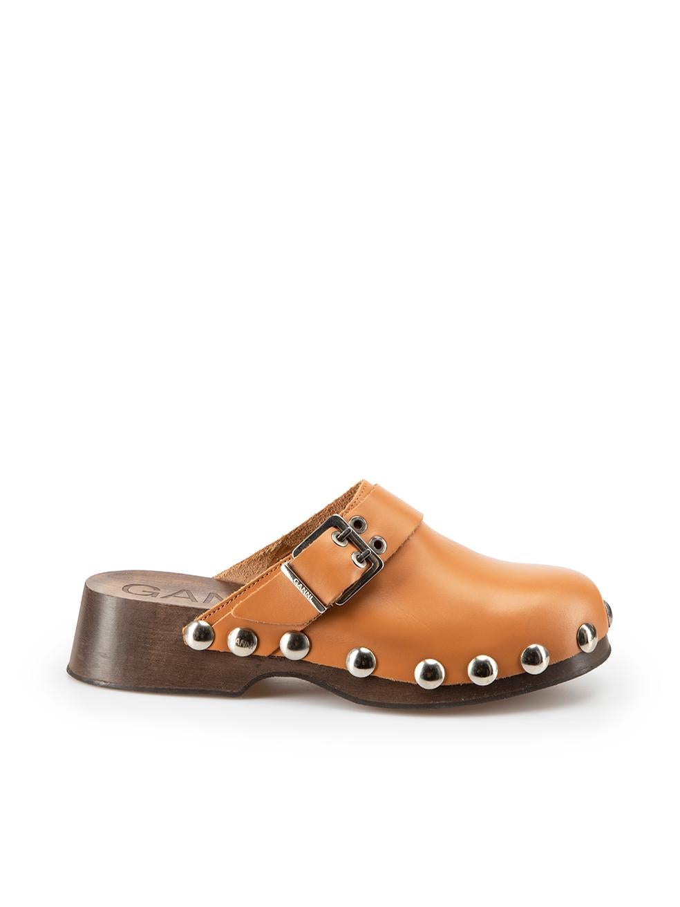 Brown Leather Stud-Detail Buckled Clogs Size IT 42 For Sale