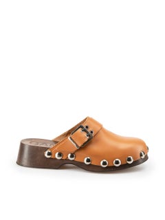 Used Brown Leather Stud-Detail Buckled Clogs Size IT 42