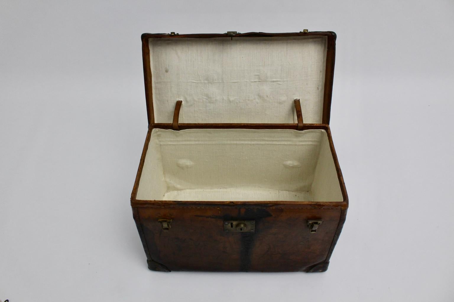 Brass Vintage Brown Leather Suitcase circa 1920, Austria For Sale