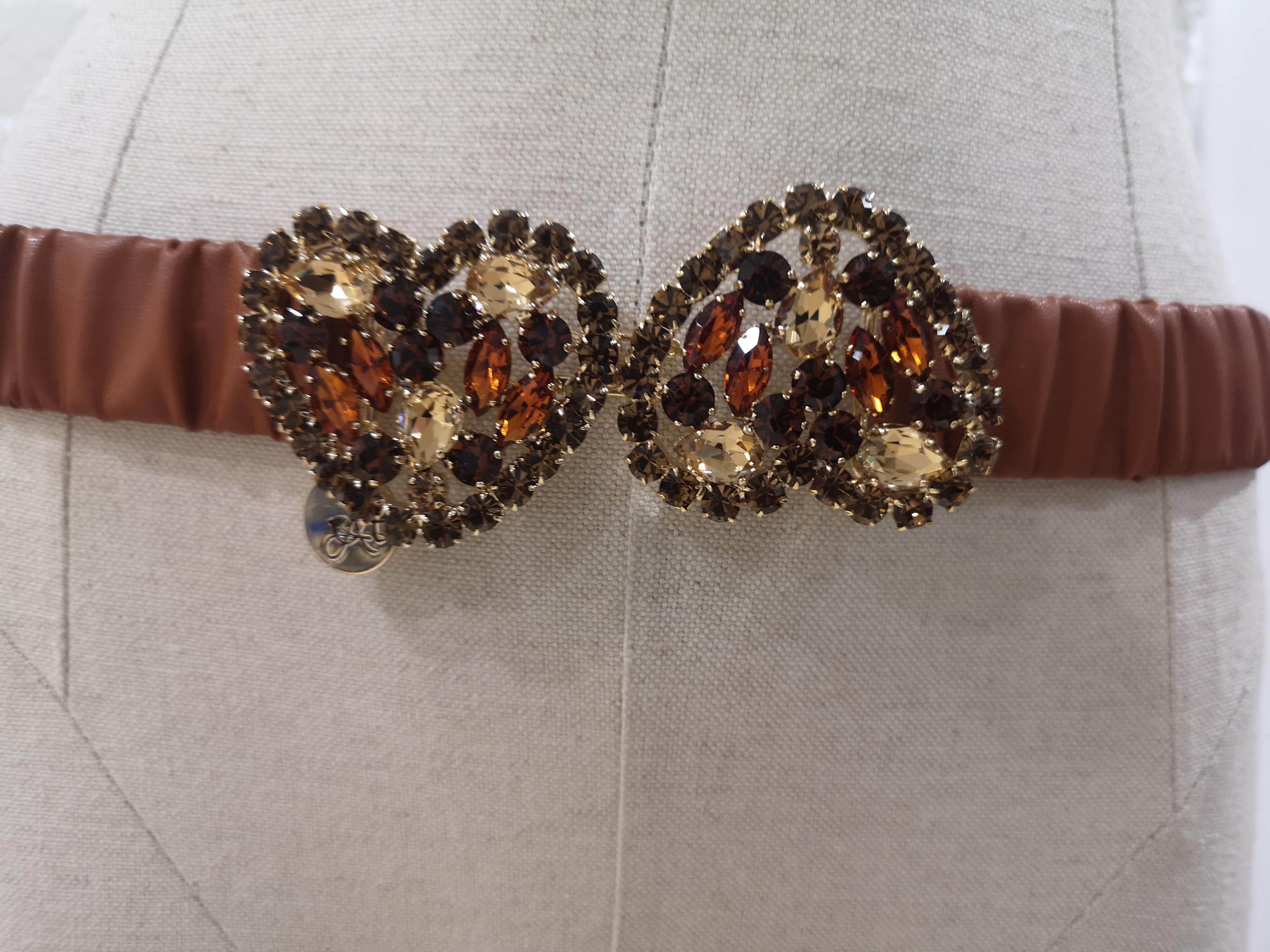 Women's Brown leather swarovski hearts belt