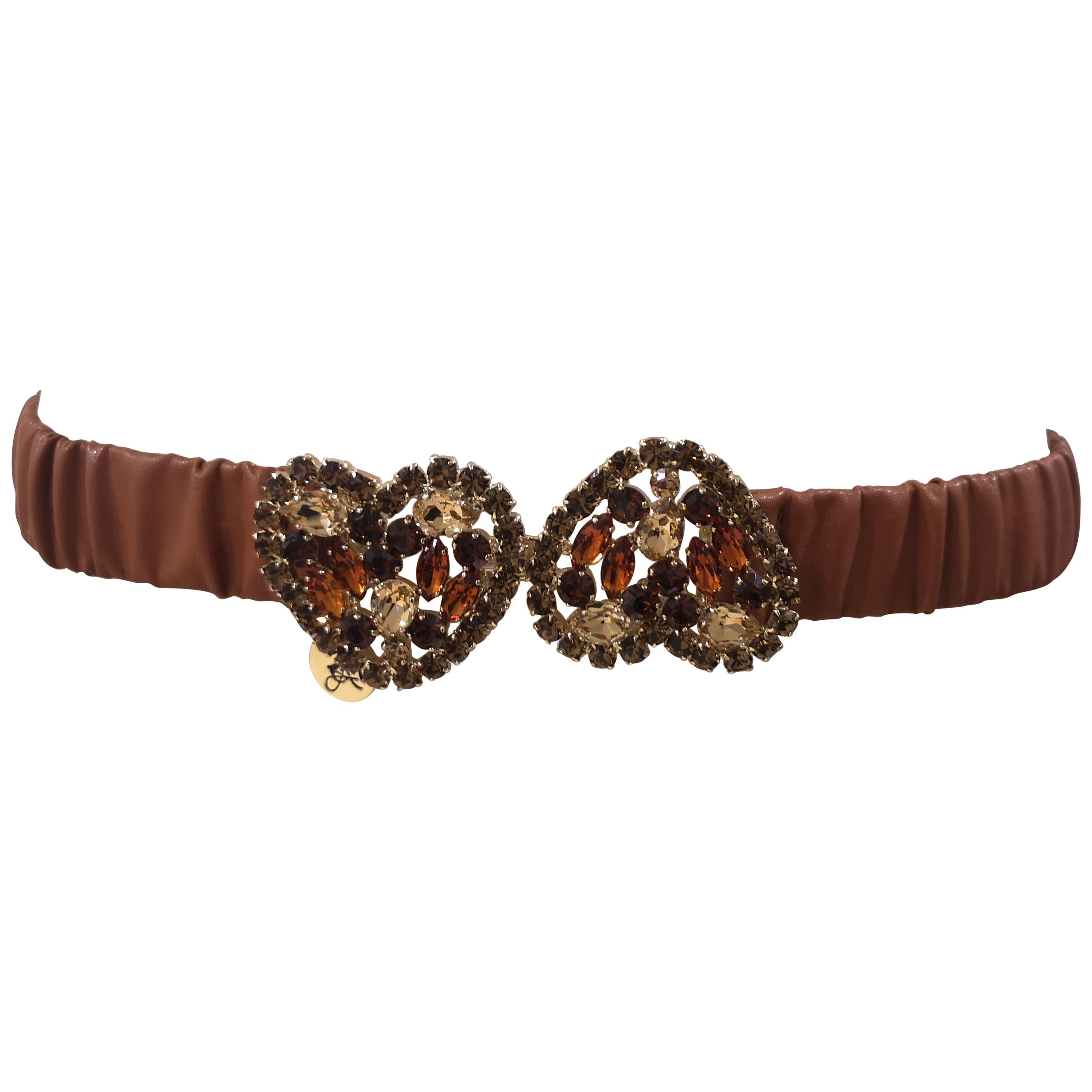 Brown leather swarovski hearts belt