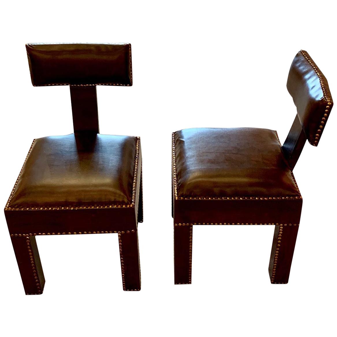 Brown Leather T-Shaped Back Pair of Side Chairs, Morocco, Contemporary