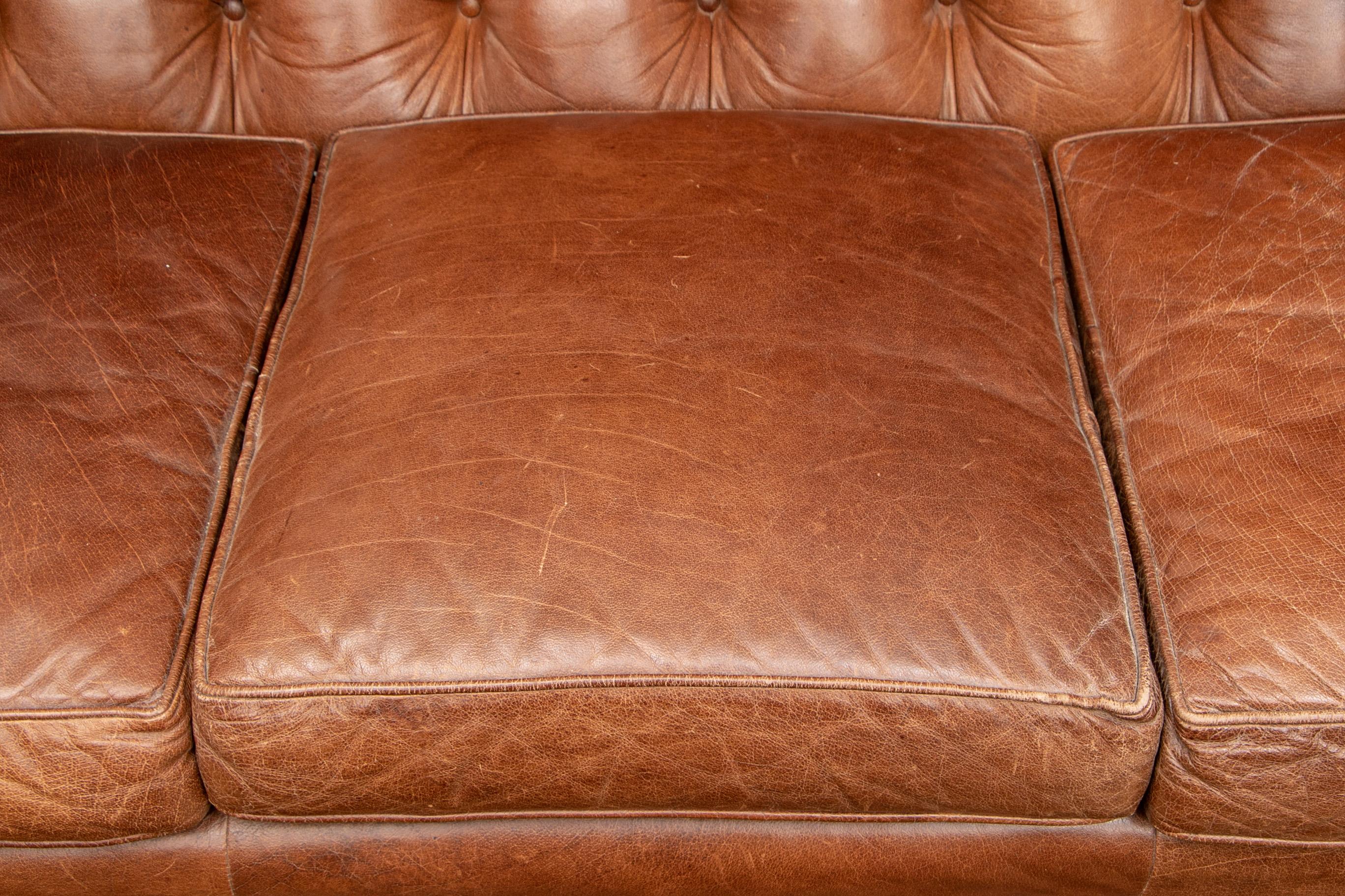 Brown Leather Three-Seat Sofa In Good Condition In Bridgeport, CT