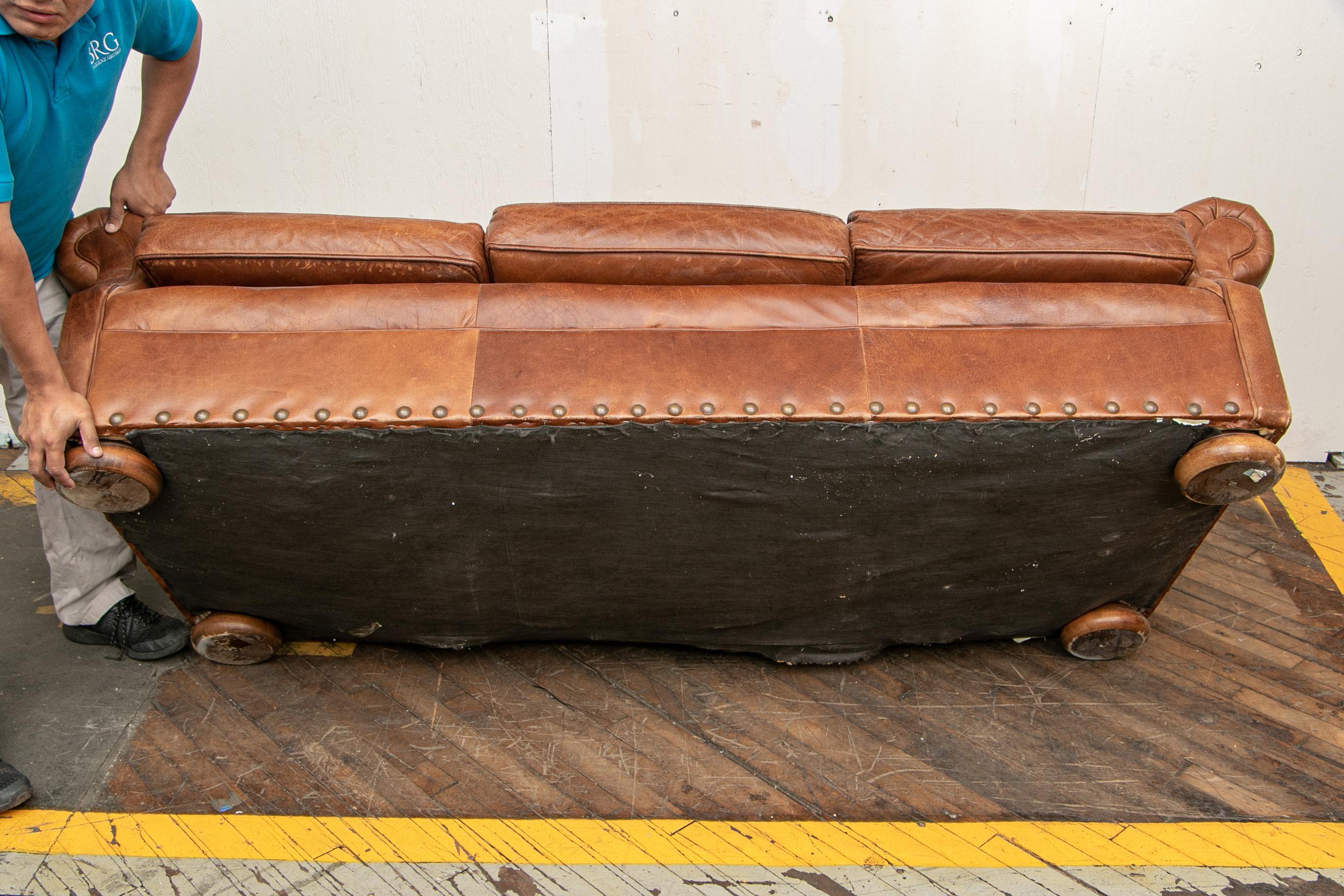 Brown Leather Three-Seat Sofa 2
