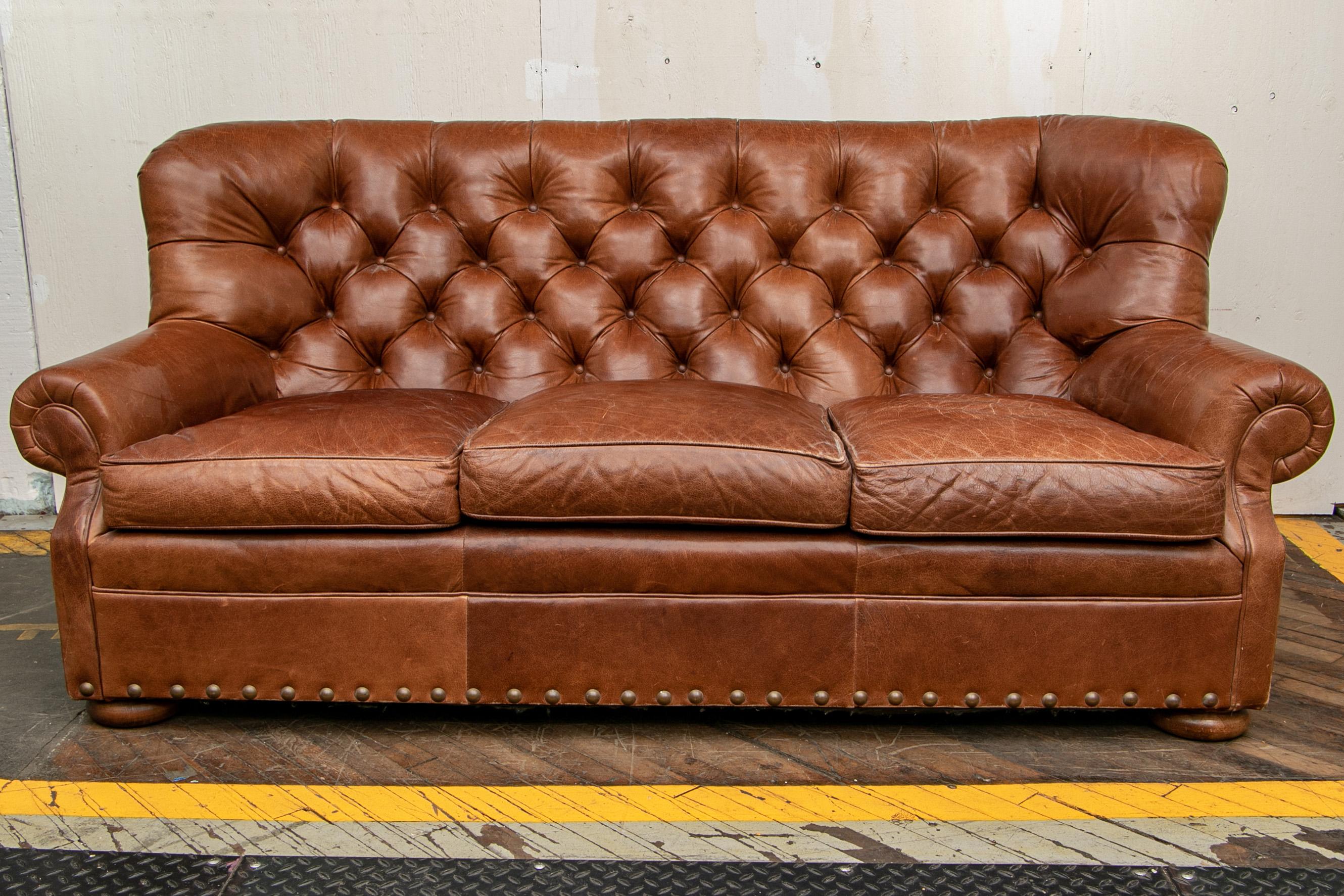Brown Leather Three-Seat Sofa 3