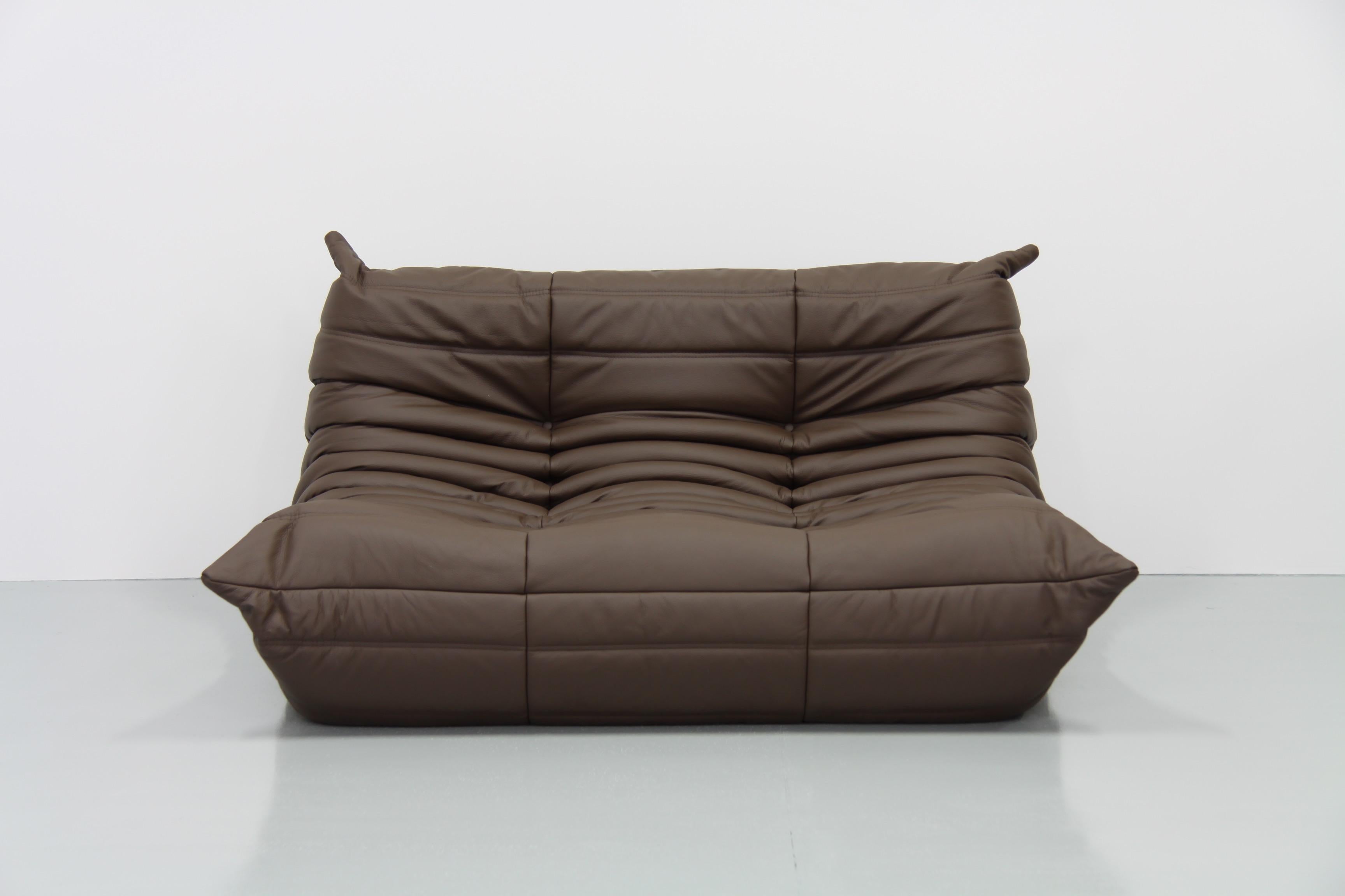 Brown Leather Togo Living Room Set by Michel Ducaroy for Ligne Roset For Sale 11