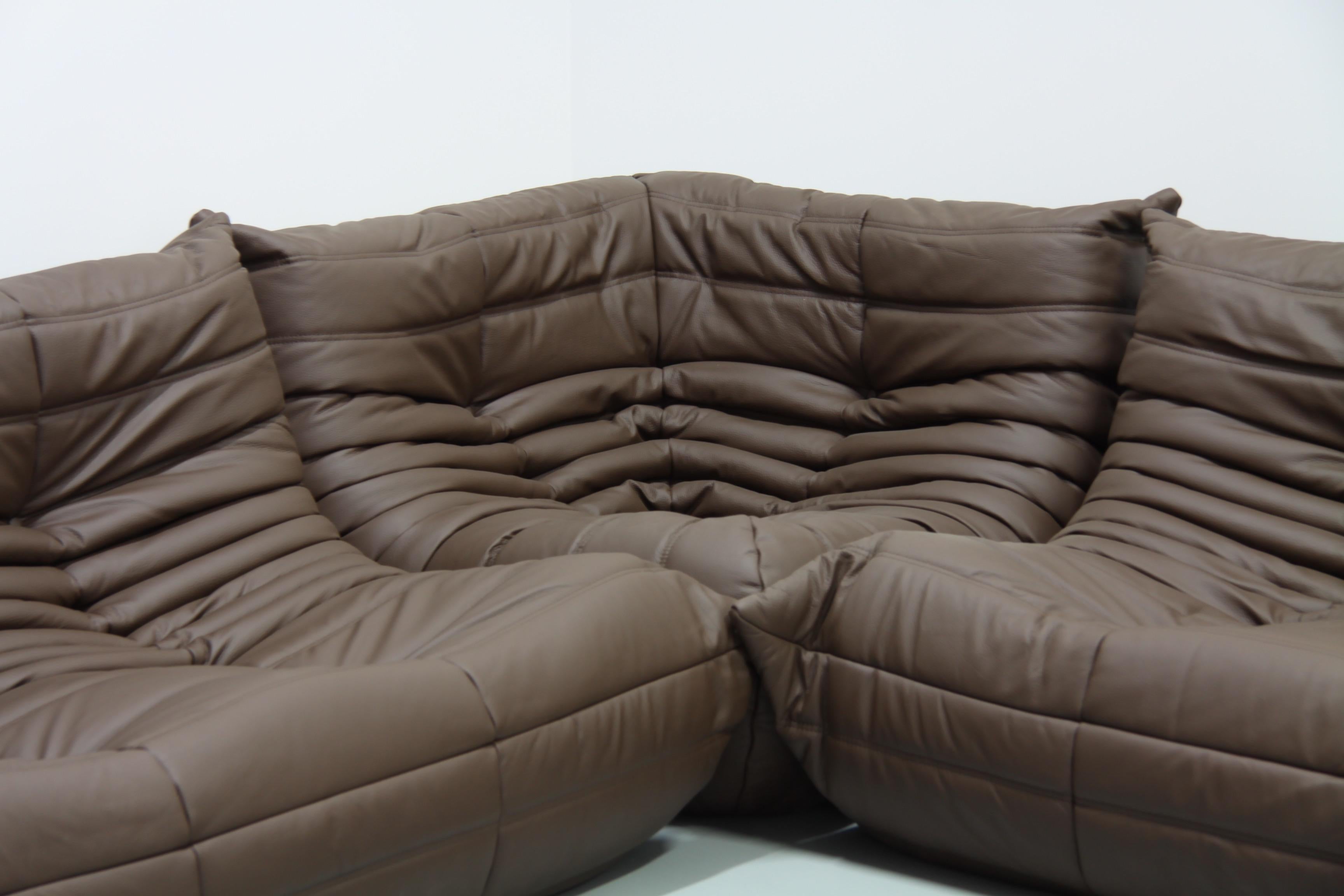 Mid-Century Modern Brown Leather Togo Living Room Set by Michel Ducaroy for Ligne Roset For Sale