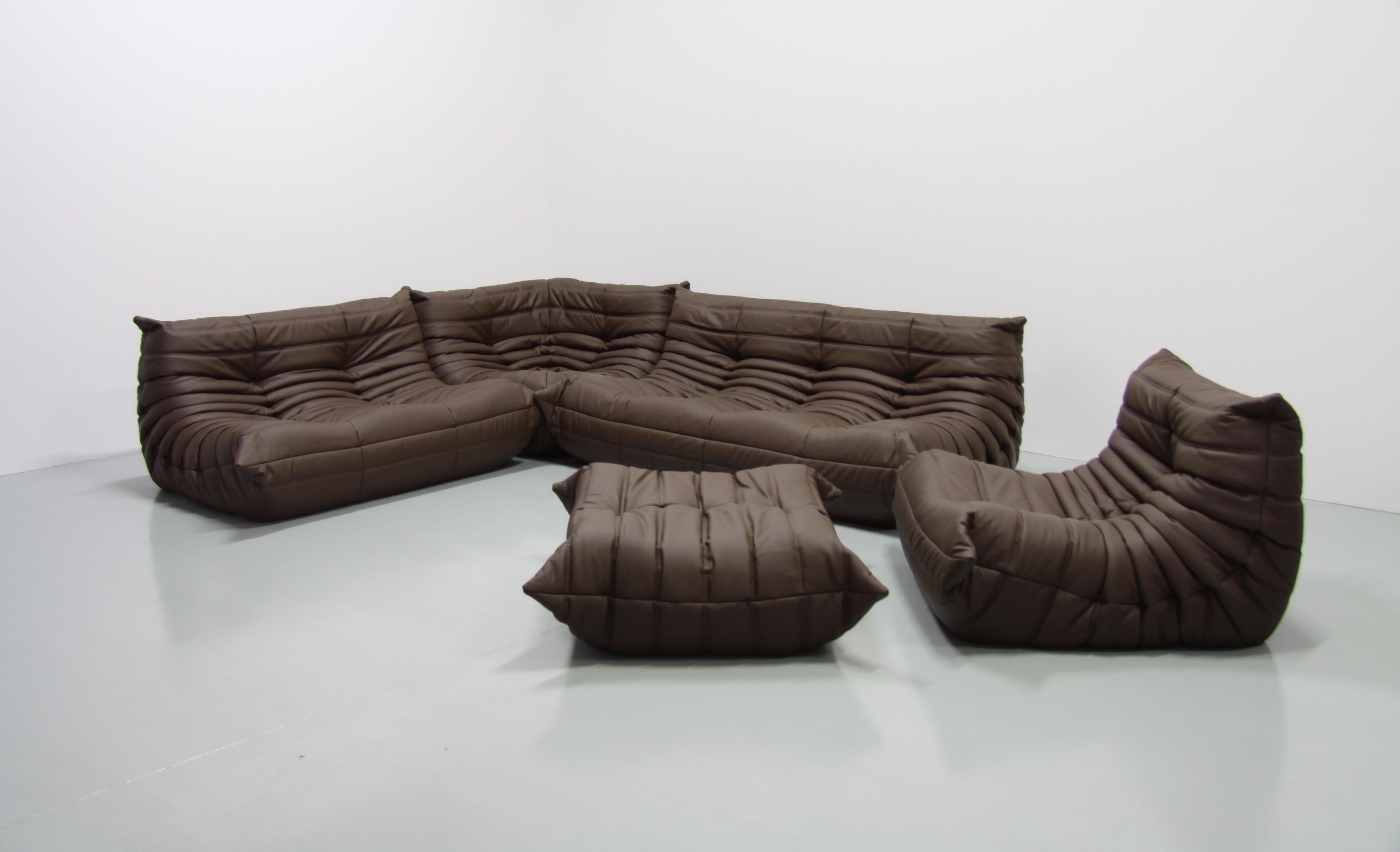French Brown Leather Togo Living Room Set by Michel Ducaroy for Ligne Roset For Sale