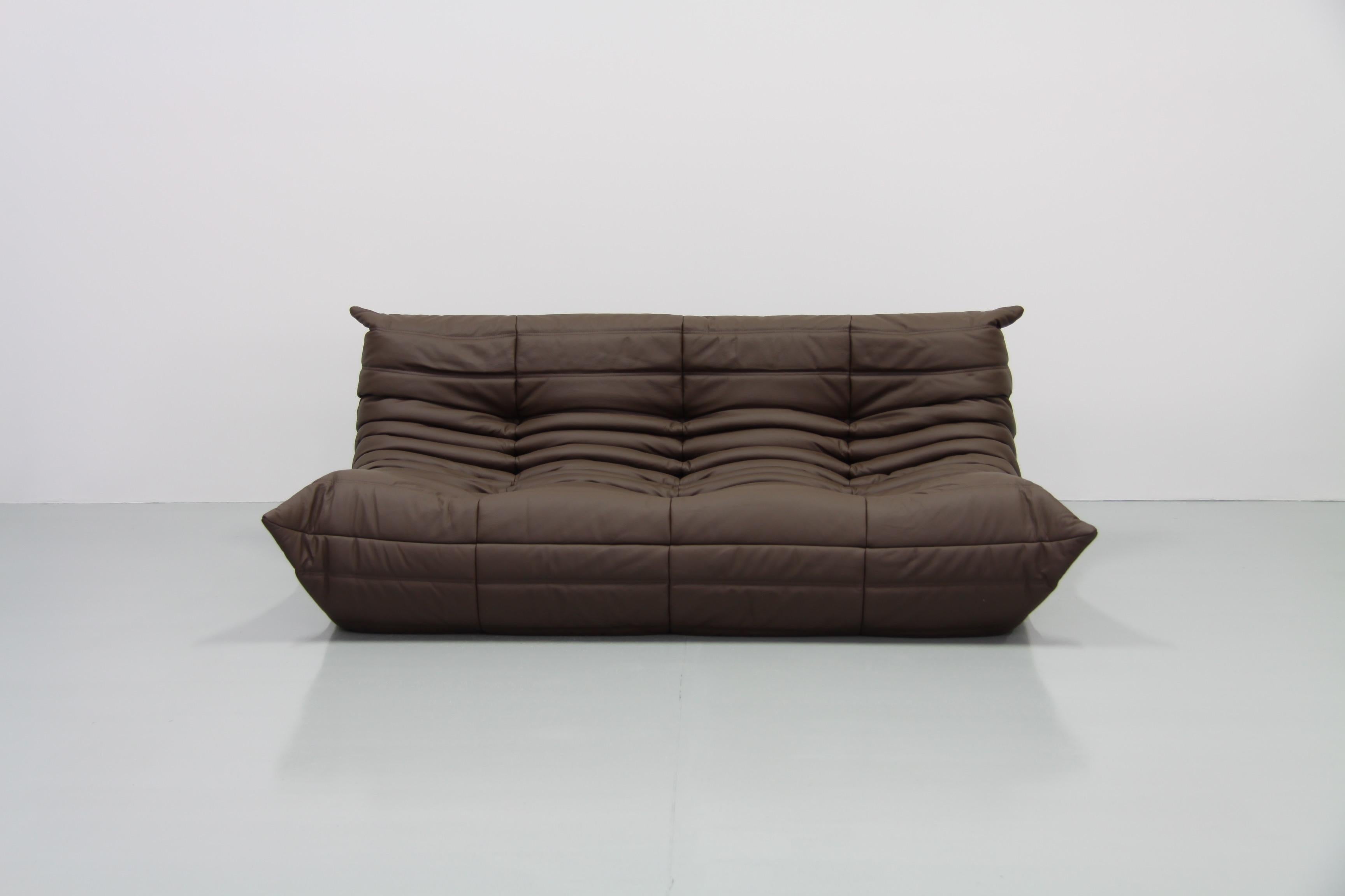 Brown Leather Togo Living Room Set by Michel Ducaroy for Ligne Roset In Excellent Condition For Sale In Berlin, DE