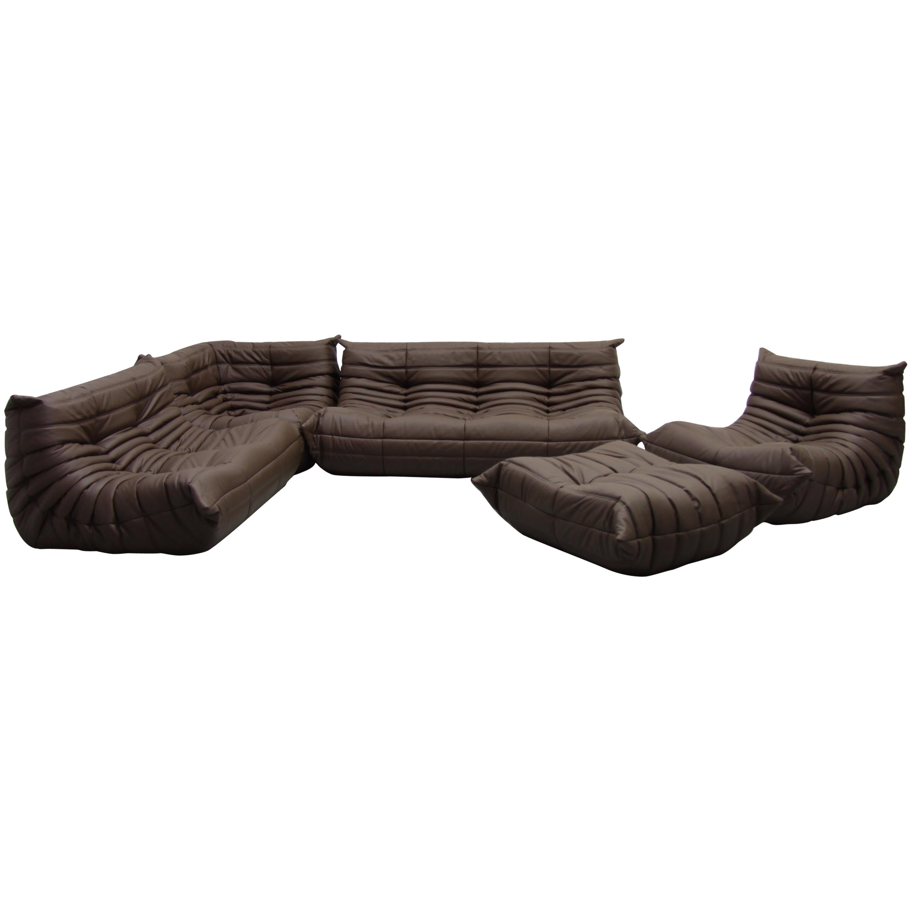 Brown Leather Togo Living Room Set by Michel Ducaroy for Ligne Roset For Sale