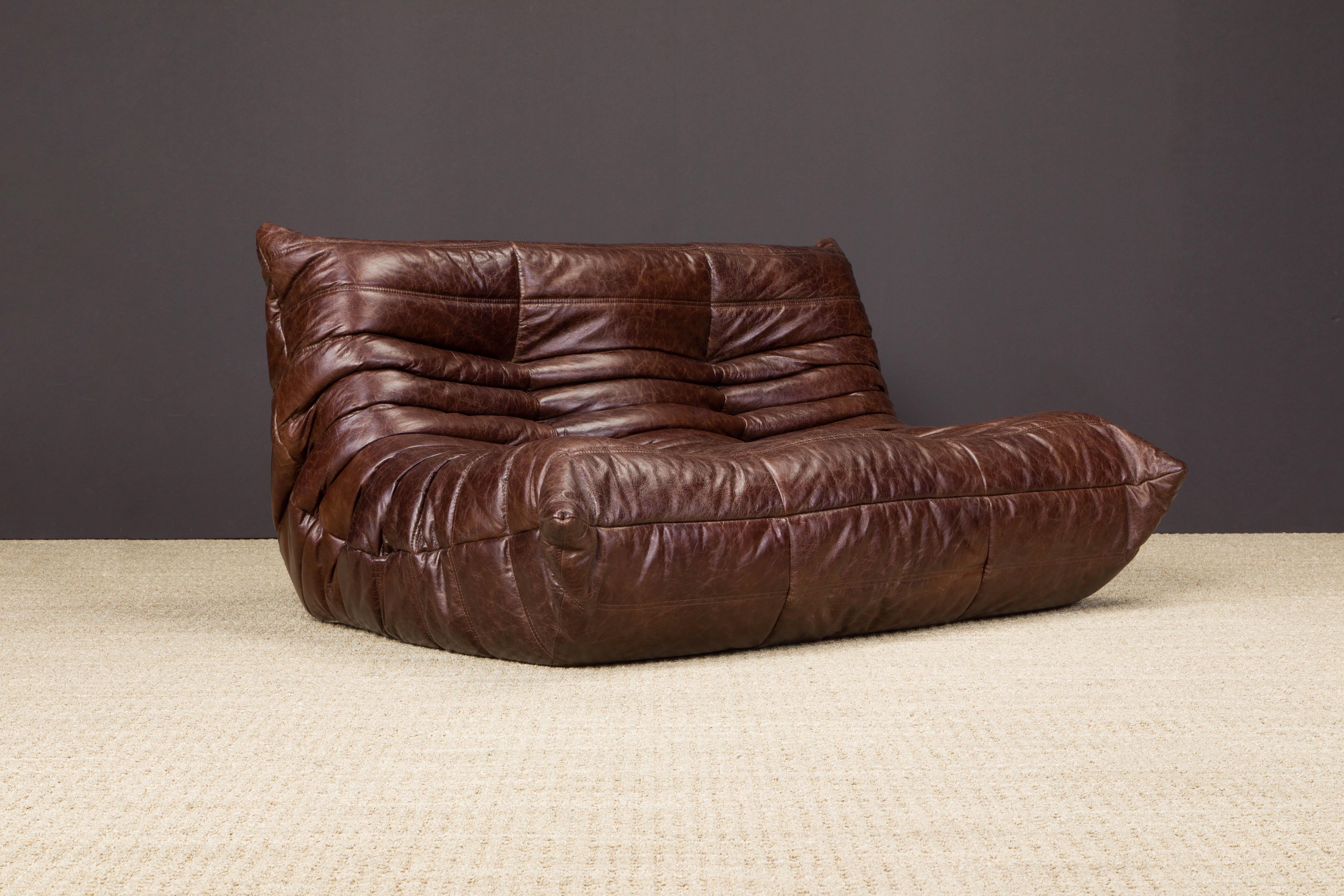 Modern Brown Leather 'Togo' Loveseat Sofa by Michel Ducaroy for Ligne Roset, Signed