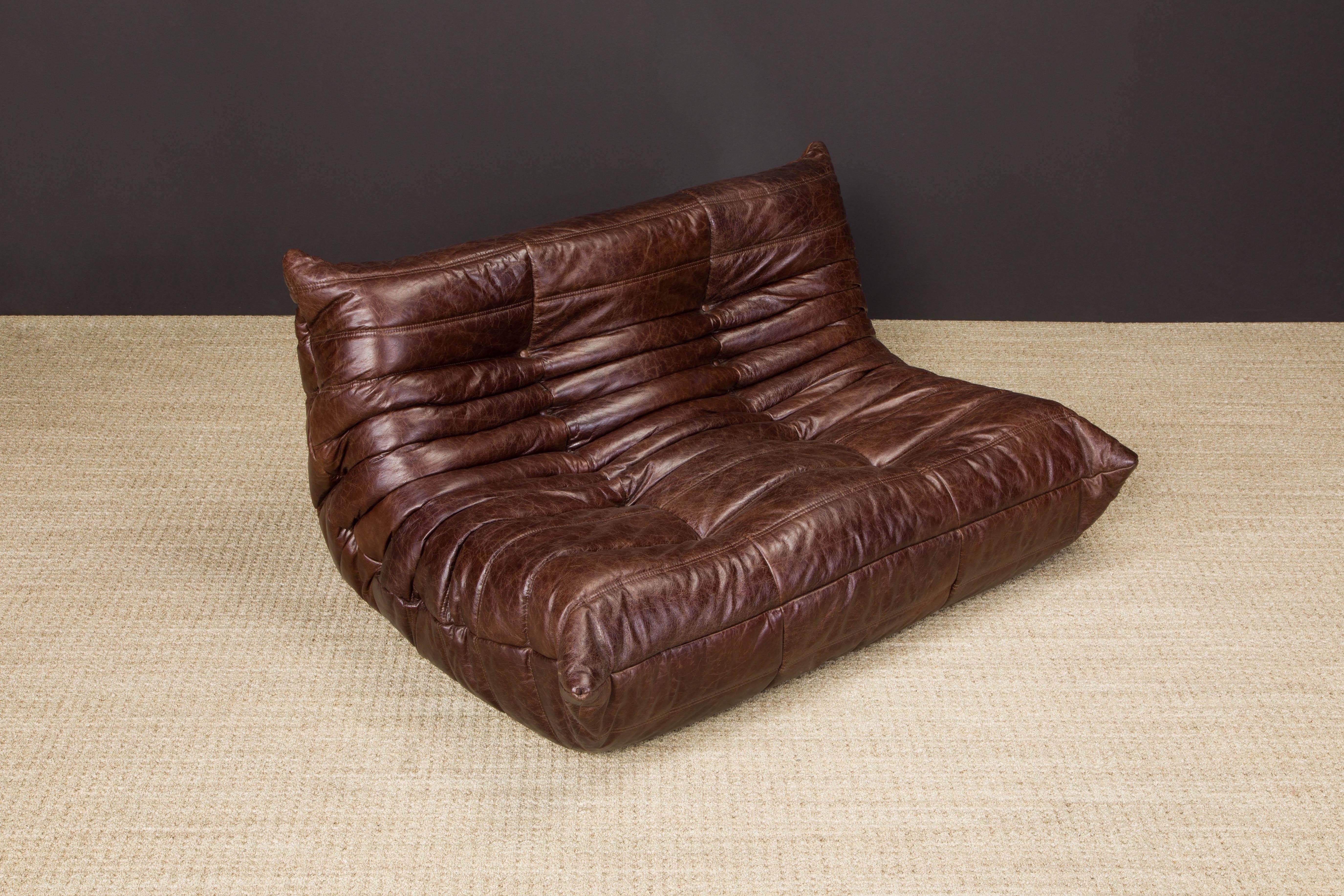 French Brown Leather 'Togo' Loveseat Sofa by Michel Ducaroy for Ligne Roset, Signed