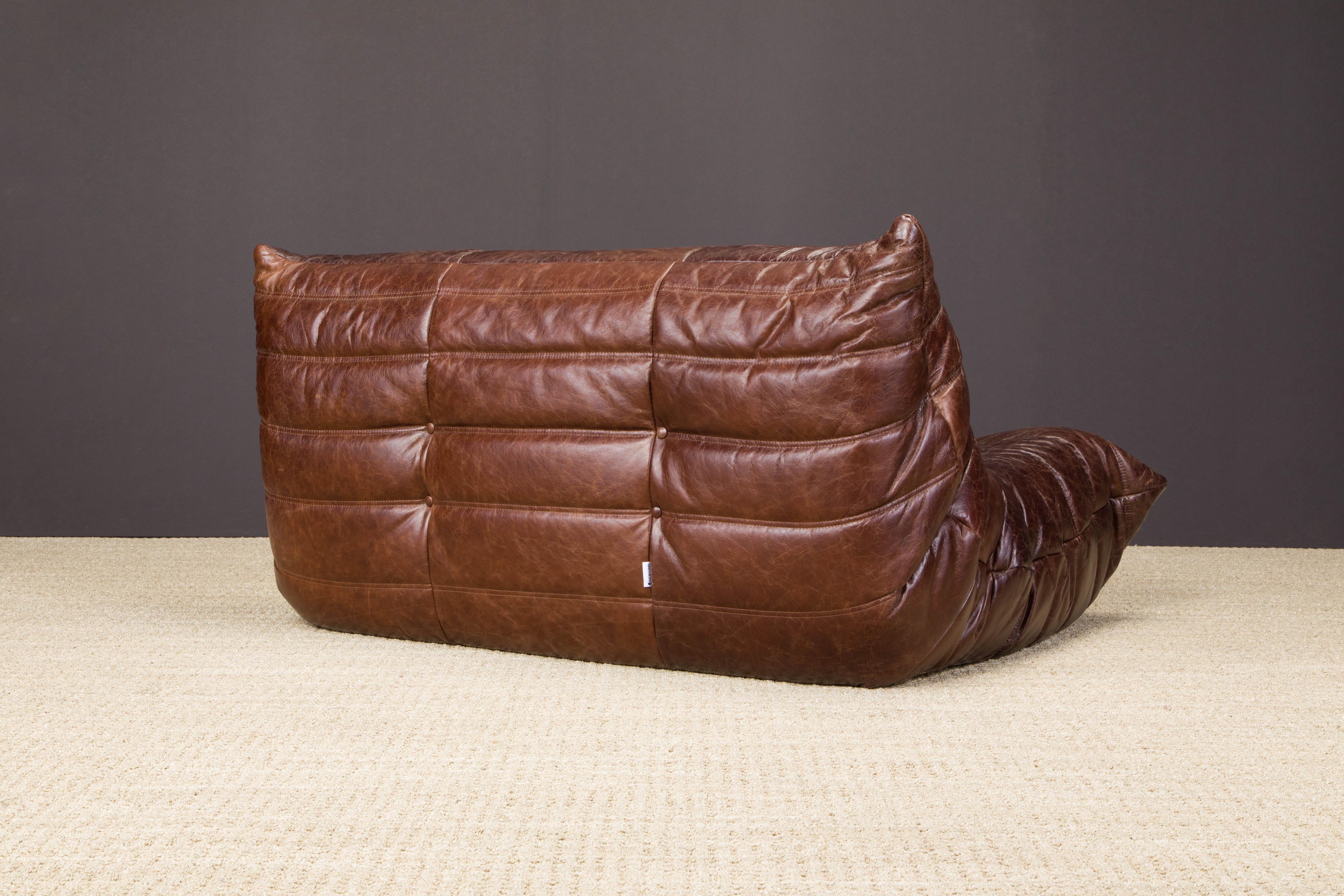 Brown Leather 'Togo' Loveseat Sofa by Michel Ducaroy for Ligne Roset, Signed In Good Condition In Los Angeles, CA