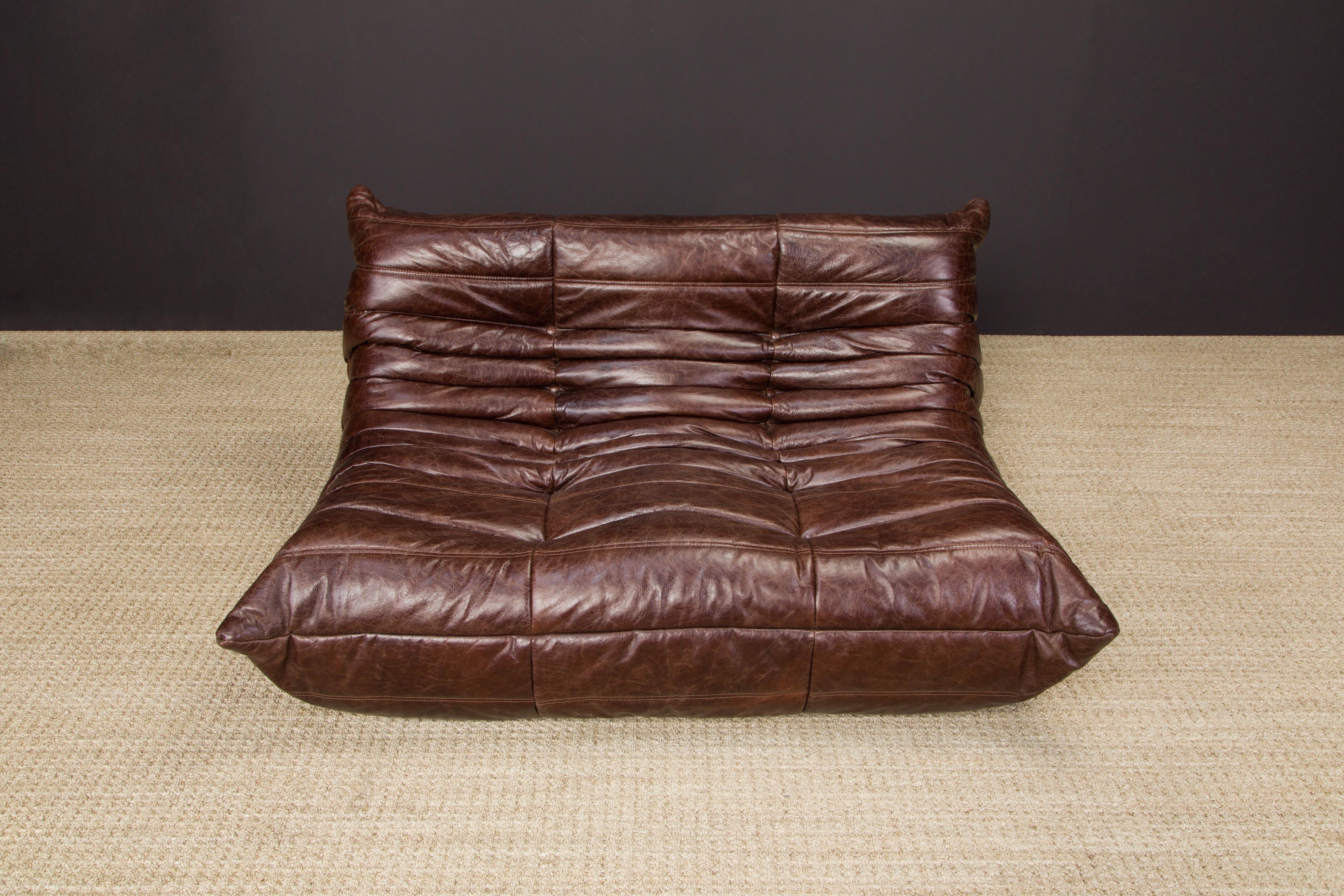 Brown Leather 'Togo' Loveseat Sofa by Michel Ducaroy for Ligne Roset, Signed 1