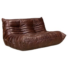 Brown Leather 'Togo' Loveseat Sofa by Michel Ducaroy for Ligne Roset, Signed